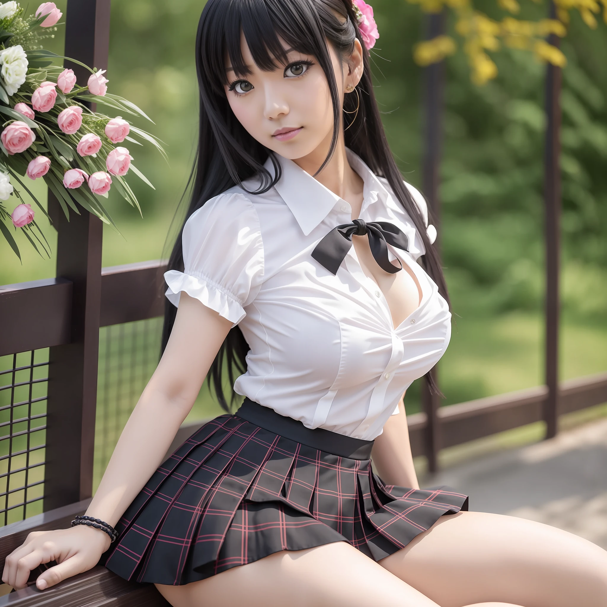 NSFW, 8K raw photo, best quality, masterpiece, ultra high definition, film grain, filmg, 1girl, look viewer, natural skin texture, realistic eye and face details, full lips, lipstick, (makeup), fluffy long hair, messy hair, smile, close mouth, beautiful legs, tall woman, skinny, slim_legs, solo, huge breasts, cleavage, pose with buttocks in front, Ultra short skirt, ass, shirt, beautiful natural places, around flower position, (detailed background), black skirt,pleated skirt, white shirt, d cup breasts, cleavage, show a little cleavage through shirt, loafers, blurry background, blurred, retention, plaid, short sleeves, jk ribbon around neck, jk ribbon, black hair, bracelet, water, bangs, uniform, jewelry, parted lips, lips, From the side, pleated skirt, depth of field, Kazue Kato, Akiko Takase, Kiyoko Suzuki, Rinko Kawaichi, Yuka Kazami, Shiori Teshirogi, Yasumoto Oka, Ayami Kojima, Takeyuki Kanda, Chiho Ajima, Aoi Ogata --auto --s2