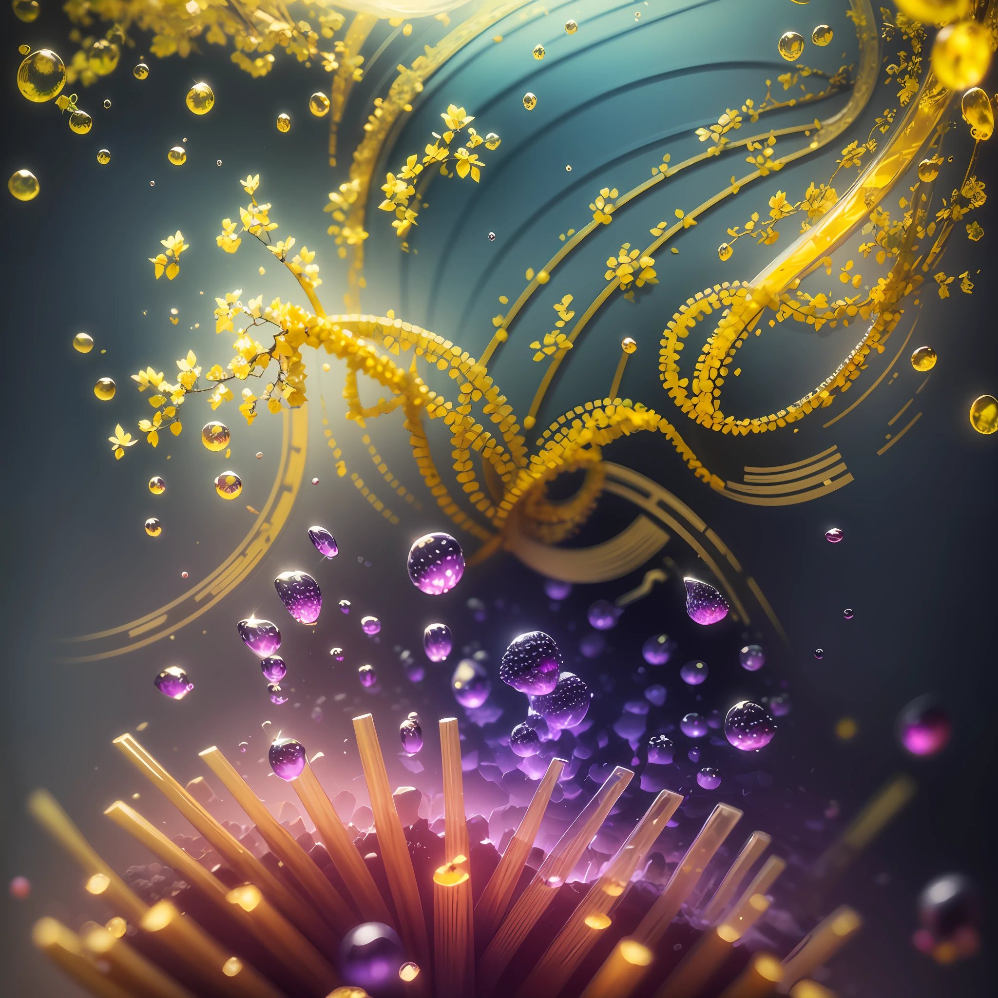 Computer Visualized Graphics, Realistic Fantasy, Extensive Landscape Ultrasound Photography (general view showing glass glass, cherry, berry, dew), blurred background, gloomy, yellow, purple background, magic --auto --s2