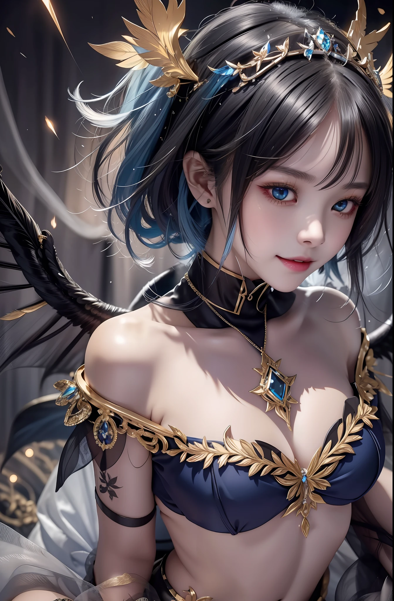 Masterpiece, top quality, blue lightning, realistic, realistic detail, high detail. Blue crystal. Black suspended particles. Black smoke. Black crystals around. Black smoke wafts around. Warping the body. Warping the body. Horn. Darkness. Ochi Yami Yugi. Laugh. Very short. Boyish. Short hair. Short hair. Blond hair.
1 girl, beauty, , fine skin, anicos_No one,, navel, detached sleeves, bare shoulders, center opening, cleavage between breasts, middle breast, long feather hair clip, blue hair ornament, thigh height,watch viewer,isekai, ochi yami play. Temptation. Brainkill. Tattoo. Demon Tail. Gold pattern at chest. Luminescent tattoo. Luminescent tattoo. Devil's wings. Black and gold tiara. Tiara. Complex and luxurious tiara. Smile. Luminescent blades.