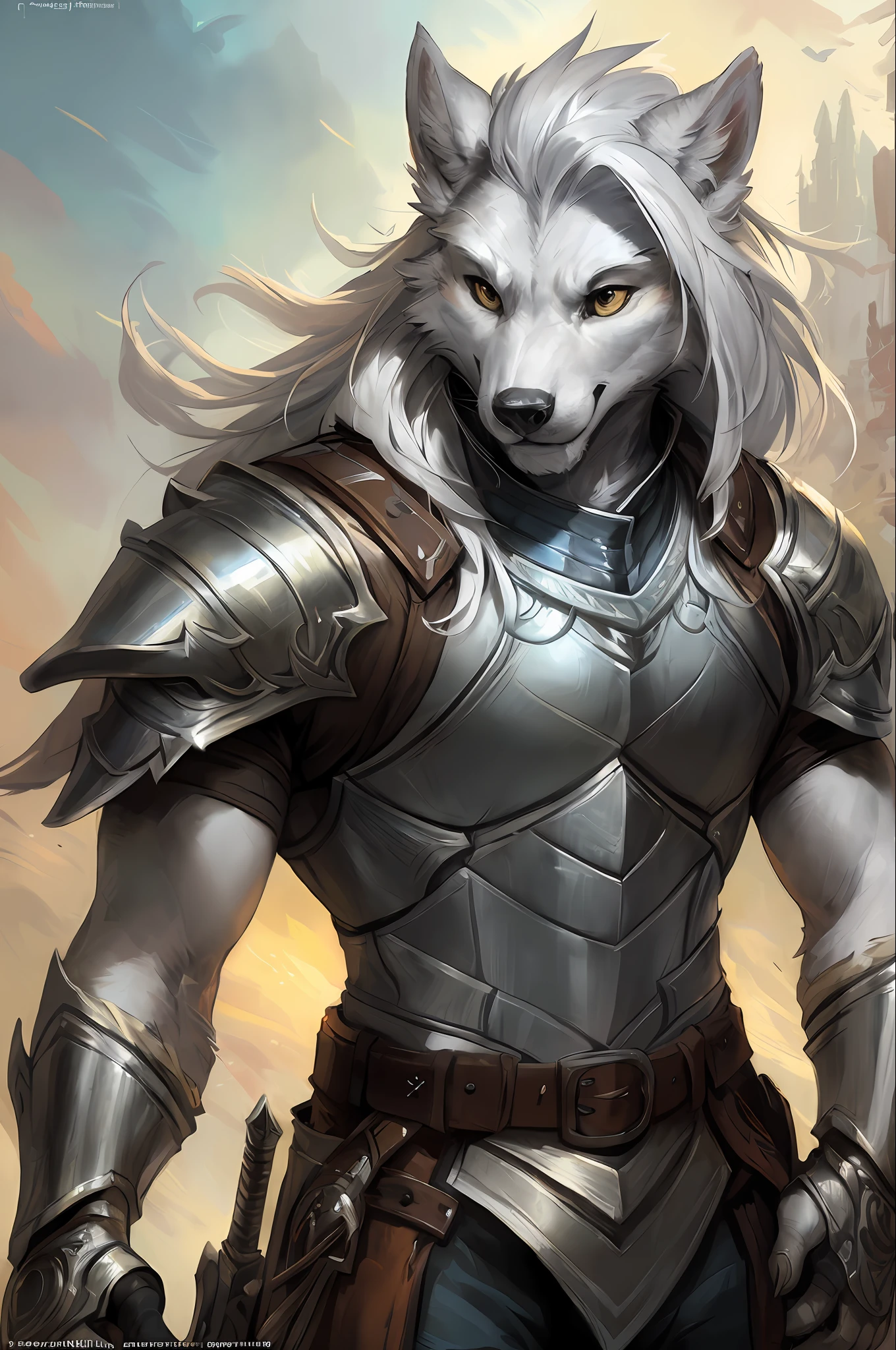 kenket, ross tran, ruan jia, bonifasko, a male silver wolf made out of (fighting knight), white mane of hairs, fantasy portrait, finely detailed armor, intricate design, steel, silk, cinematic lighting, 4k,