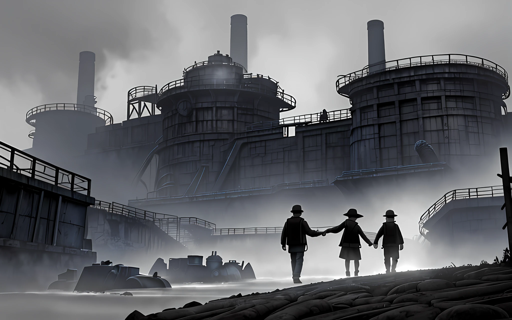 (intense atmosphere, a masterpiece of darkness, best quality),(blue-greyscale, mist, haze, dramatic), a small and rugged steel mill, deep shadows, (sombre mood, (1-2 persons), vivid accents), silhouettes of figures and heavy equipment amidst cascading rain.