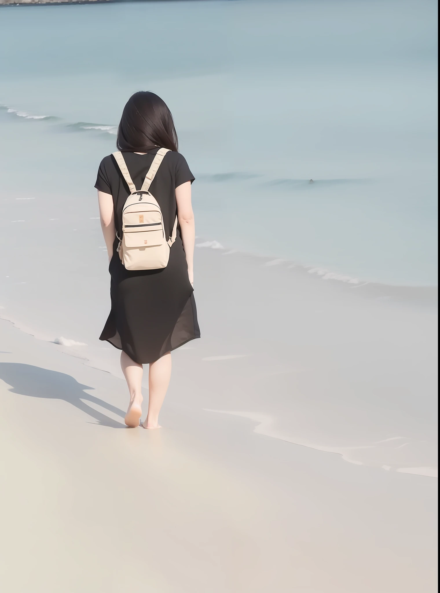 There is a woman walking on the beach with a backpack, walking on the beach, away from the camera, on the beach, away from the camera, walking on the sand, on a tropical beach, at the sea, standing on the beach, on the beach, on the sea, sunny day, beach photos, beach sunny day