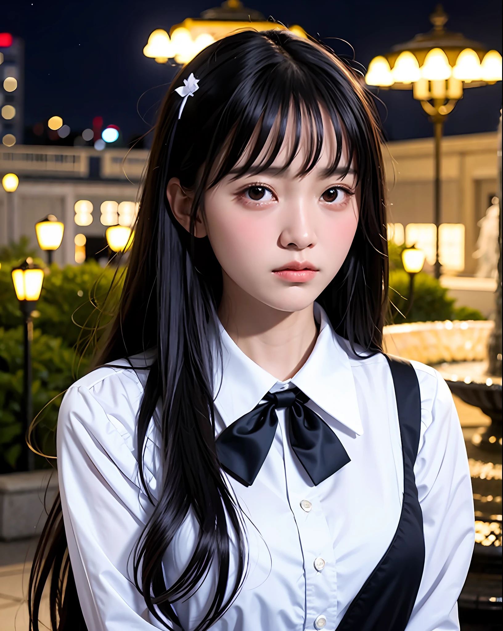 Masterpiece, best picture quality, beautiful girl, 15 years old, long hair, black hair, bangs, black cat suit, student, white blouse, above waist, up close, night park, moonlight, fountain, street lamp, detailed eyes, big eyes, swollen eyes, depressed expression, facing front, realistic photo, real photo, double eyelids, Japanese girl, beautiful Asian girl, crying expression, facing straight on, close-up, maid outfit, white blouse, black bow tie,