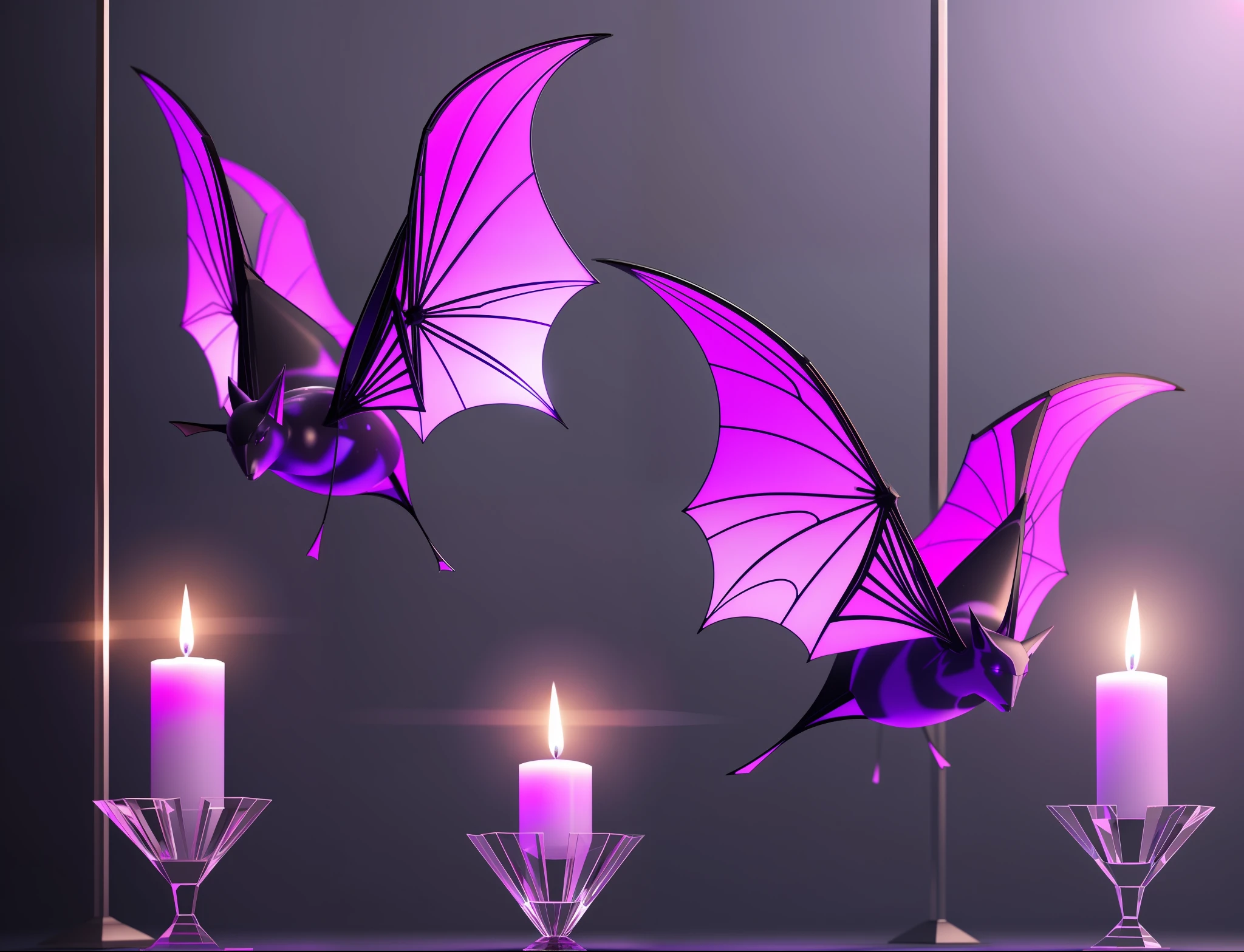 Transparent bats of violet glass, flying around candles, laser beams coming out of their eyes. Dark background. Illuminated only by candles and laser beams. Surrealist concept, 3d. Realistic ray tracing. --auto --s2