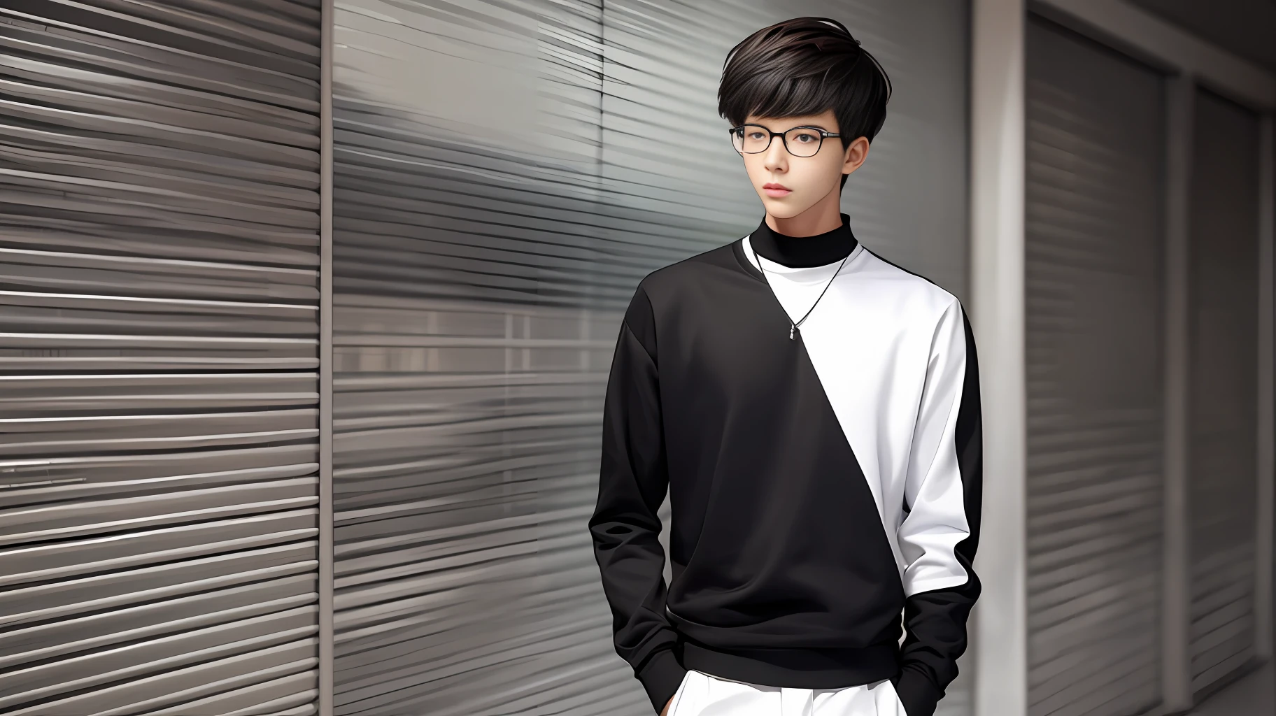 A teenage man with a well-proportioned body, a slender face, black sweatshirt, white pants, and black-framed glasses, his demeanor is naturally calm. --auto --s2