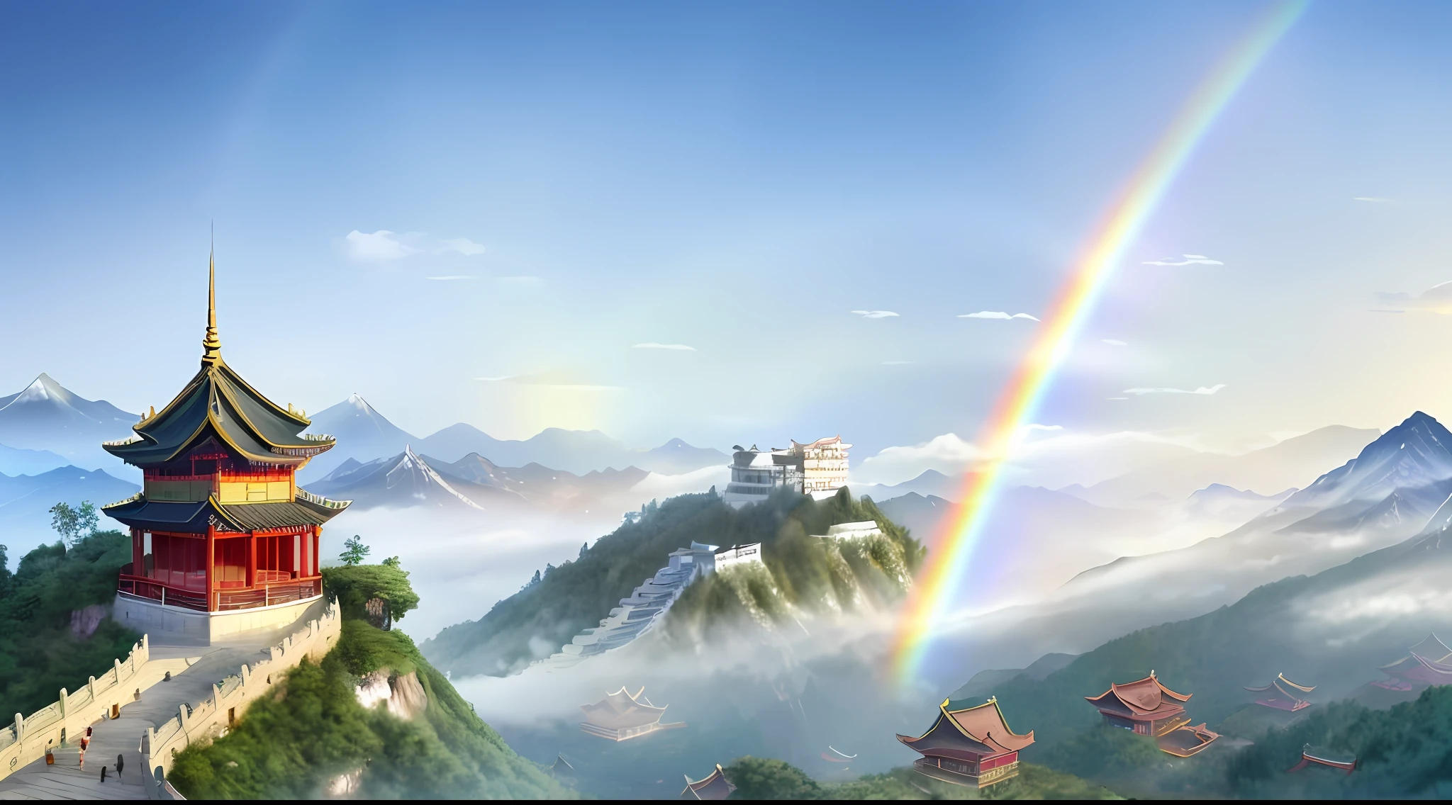 Mountains, Chinese ancient buildings, Chinese palaces, sky pavilions, clouds, fairy qi fluttering, void fog, fairy online game, sky, plants, sunlight, rainbow, water, heavenly court