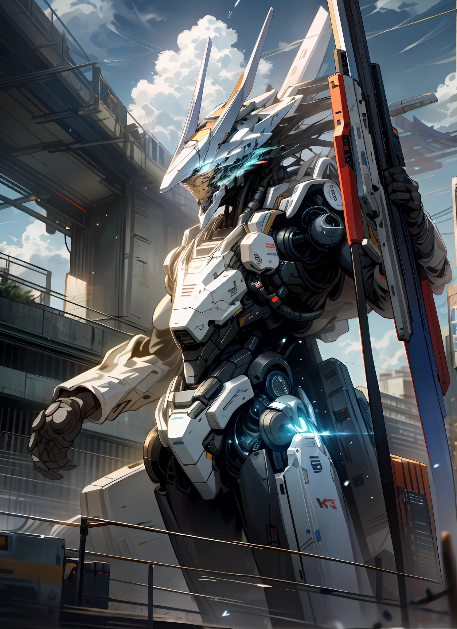 Sky, Clouds, holding_weapon, no_humans, Glow, Robots, Architecture, Science Fiction, Cities, Reality --v6