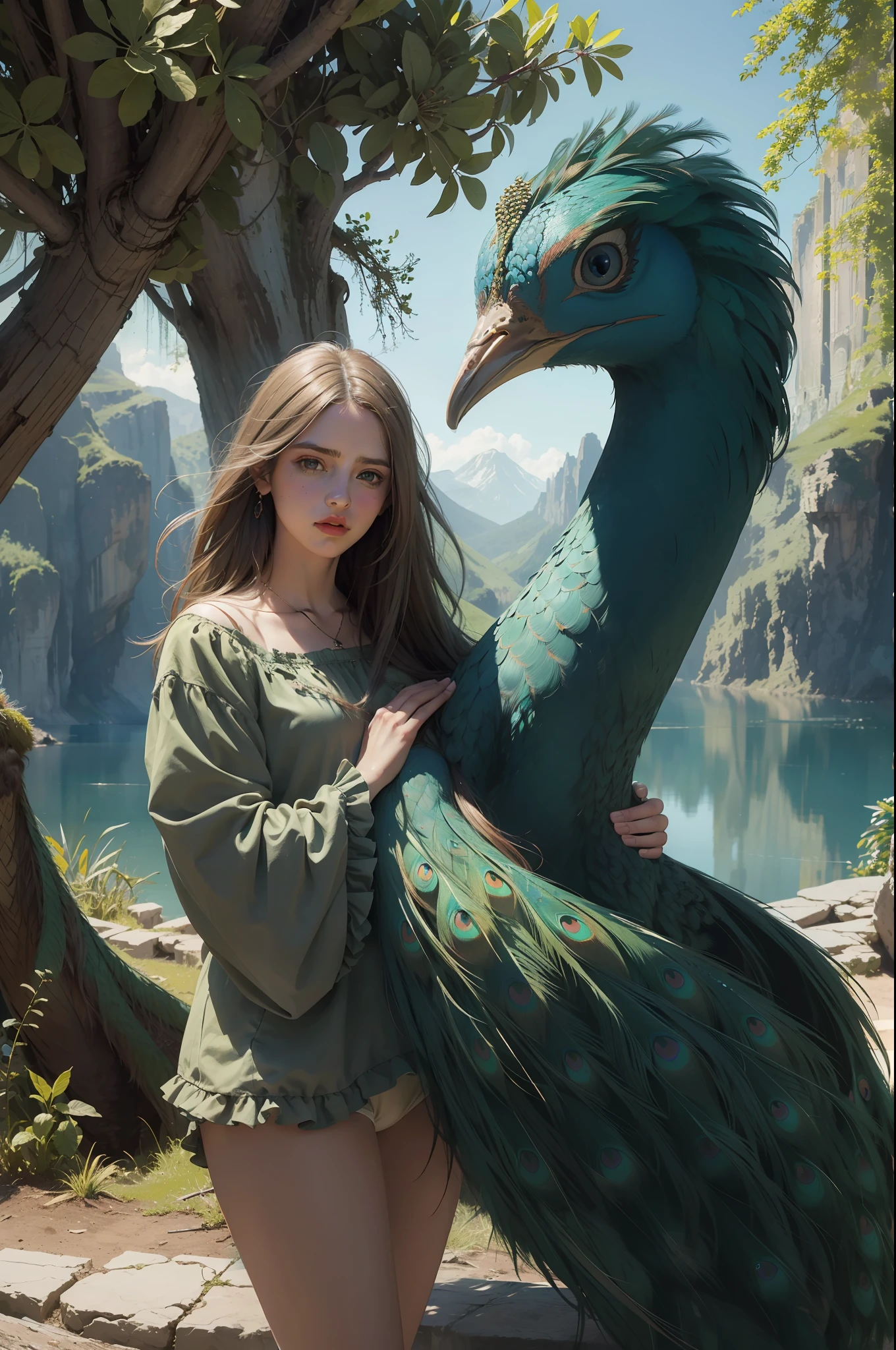 fantastic realism, masterpiece, super detailed, 1 beautiful girl, hugging a giant peacock, plain, background lake, detailed background, (top quality, Alessandro Casa Grande, Greg Rutkowski, Sally Mann, concept art, 4k),