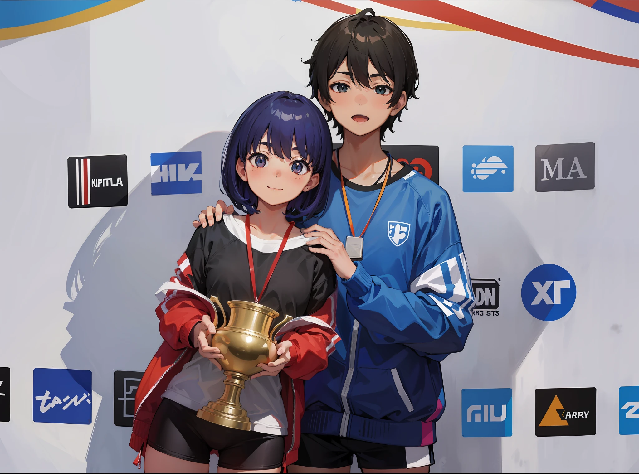 Athlete, table tennis, two people holding the table tennis champion trophy together, short hair, a man and a woman, with a medal around their neck, happy, happy, on the podium, masterpiece, the best quality (SFW), happy, happy, perfect quality, clear focus, colorful, clear face, intricate details, wearing sneakers, ultra-low viewing angle, wide angle lens