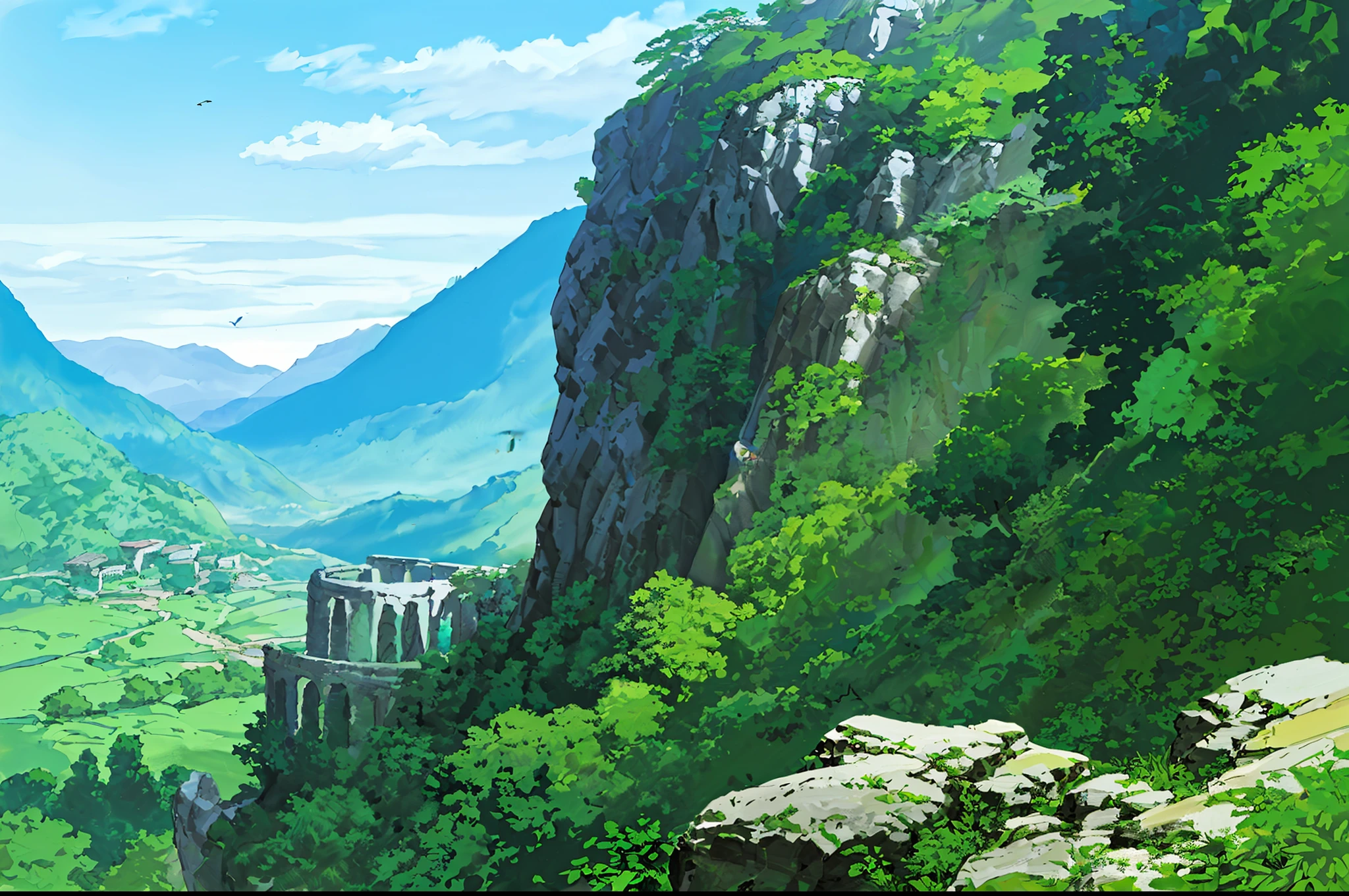 (((highquality))),highly_detailed,extremely_detailed_CG_unity_8k_wallpaper,illustration,highres,absurdres,beautiful_detailed_build,finely_detailed_architecture,highly_detail_house_,backpack, bird, blue_sky, building, castle, city, cliff, cloud, cloudy_sky, day, facing_away, grass, horizon, landscape, long_hair, mountain, nature, outdoors, overgrown, river, rock, ruins, scenery, sky, solo, standing, tree, water, waterfall