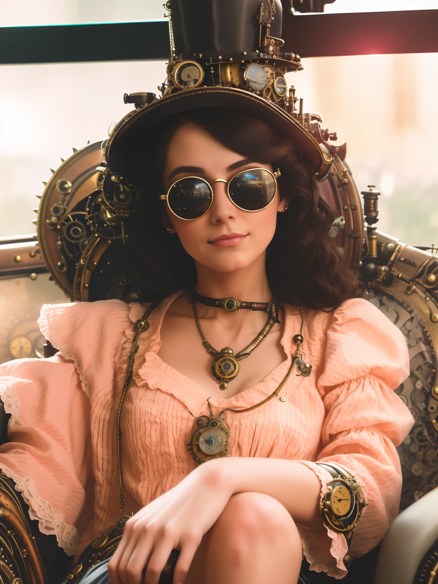HD, (Best Detail) (Best Quality), detailed facial features, woman in sunglasses sitting on chair on sofa, Victorian costume, (((steampunk))), face not moving