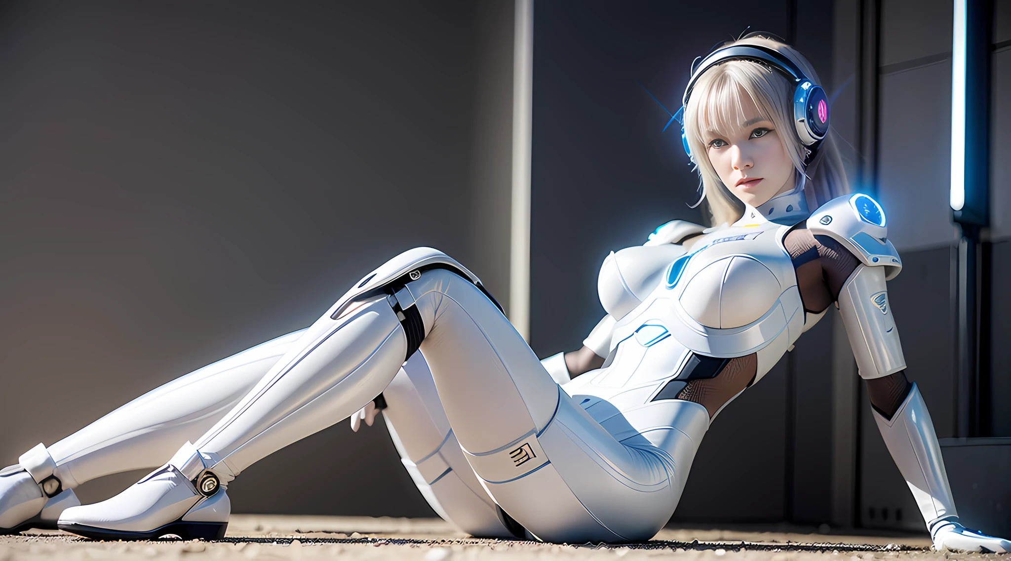 Realism, a woman in white lace (limbs in a robot suit) (lace, full robot suit: 1.55) (body turn to viewer: 1.2), (head to left side: 1.8), (cross legs: 1.4), gray hair, cyborg, robot parts, beautiful and detailed body and face, sakimichan hdri, amouranth, beautiful and detailed orixa, 2049, chiaki nanami, african futuristic, made in maya, sam yang, 2070, cyborg, robot part, 150mm, beautiful studio soft light, edge light, vibrant details, luxurious cyberpunk, lace, surrealism, anatomy, facial muscles, cable wire, microchip, elegant, beautiful background, octane rendering, 8k, best quality, masterpiece, illustration, very refined and beautiful, very detailed, CG, unified, wallpaper, (realistic, Realistic: 1.37), stunning, fine details, masterpiece, best quality, official art, very detailed CG unified 8k wallpaper, ridiculous, incredibly ridiculous, robot, silver helmet, (full body: 1.4), sitting, lying, floating in the air, (nsfw: 1.2),