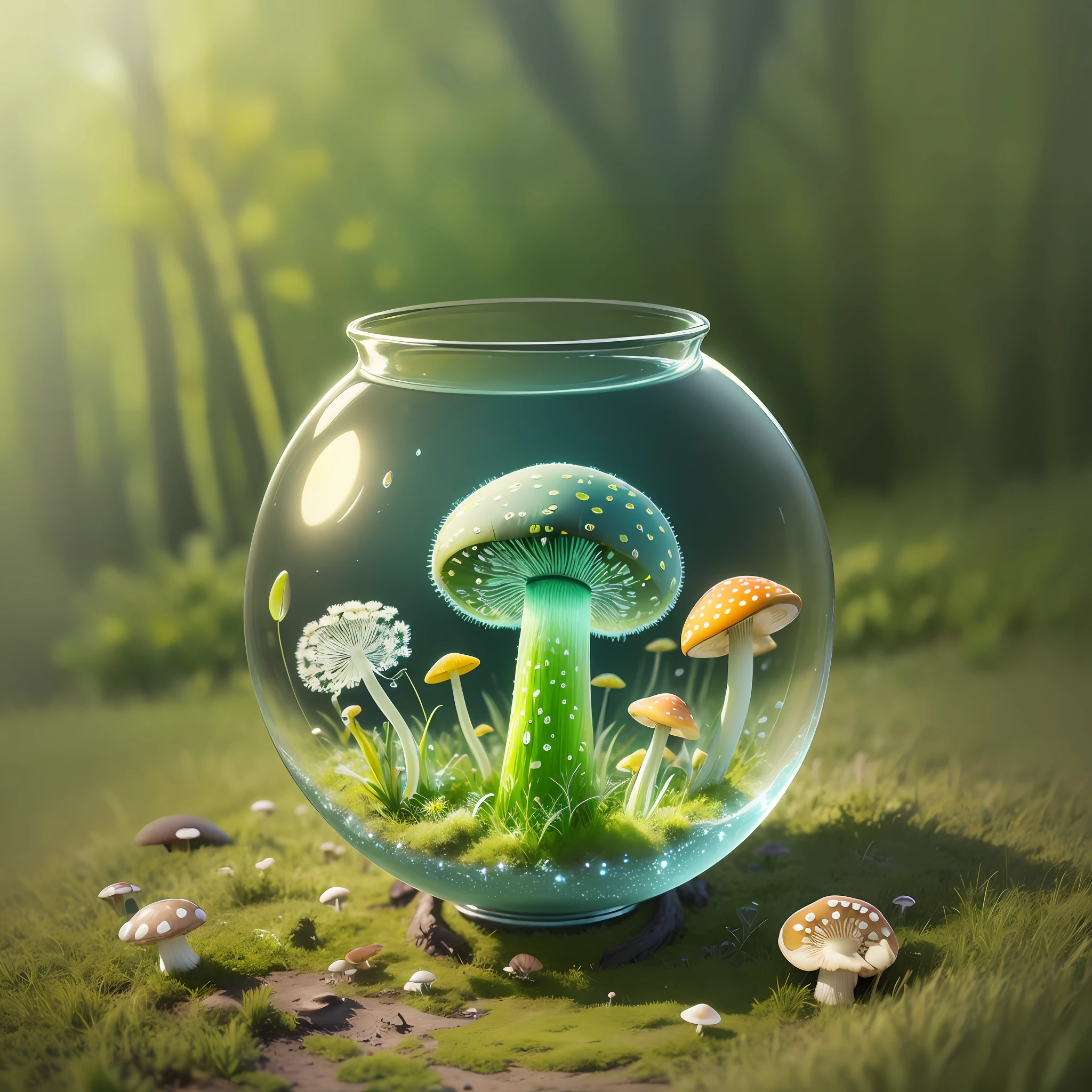 Computer Visualized Graphics, Realistic Fantasy, Extensive Landscape Ultrasound Photography (general view showing glass glass, mushroom, dandelion, dew drops), blurred background, warm, yellow, light green, magic --auto --s2