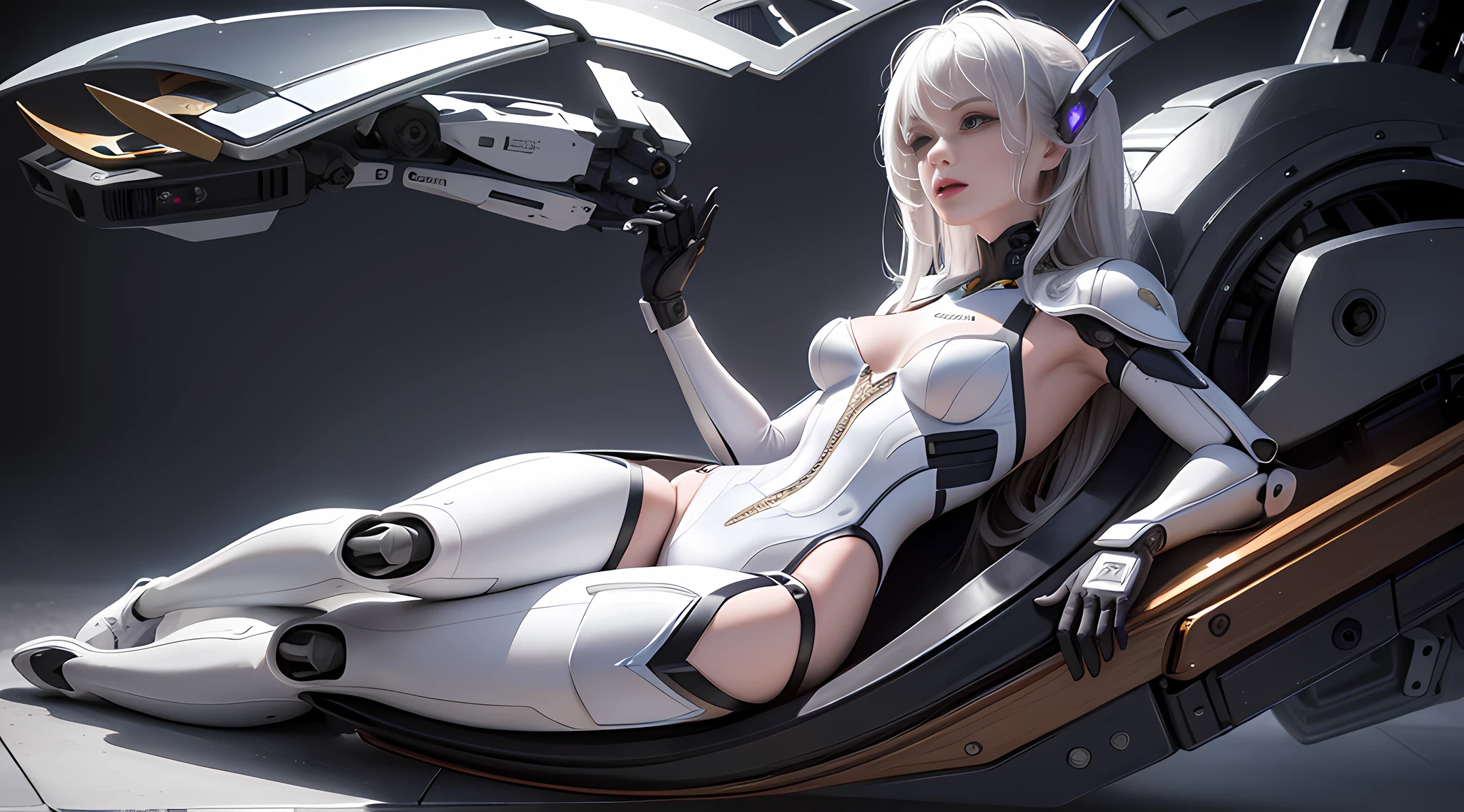 Realism, a woman in white lace (limbs in a robot suit) (lace, full robot suit: 1.55) (body turn to viewer: 1.2), (head to left side: 1.8), (cross legs: 1.4), gray hair, cyborg, robot parts, beautiful and detailed body and face, sakimichan hdri, amouranth, beautiful and detailed orixa, 2049, chiaki nanami, african futuristic, made in maya, sam yang, 2070, cyborg, robot part, 150mm, beautiful studio soft light, edge light, vibrant details, luxurious cyberpunk, lace, surrealism, anatomy, facial muscles, cable wire, microchip, elegant, beautiful background, octane rendering, 8k, best quality, masterpiece, illustration, very refined and beautiful, very detailed, CG, unified, wallpaper, (realistic, Realistic: 1.37), stunning, fine details, masterpiece, best quality, official art, very detailed CG unified 8k wallpaper, ridiculous, incredibly ridiculous, robot, silver helmet, (full body: 1.4), sitting, lying, floating in the air, (nsfw: 1.2),