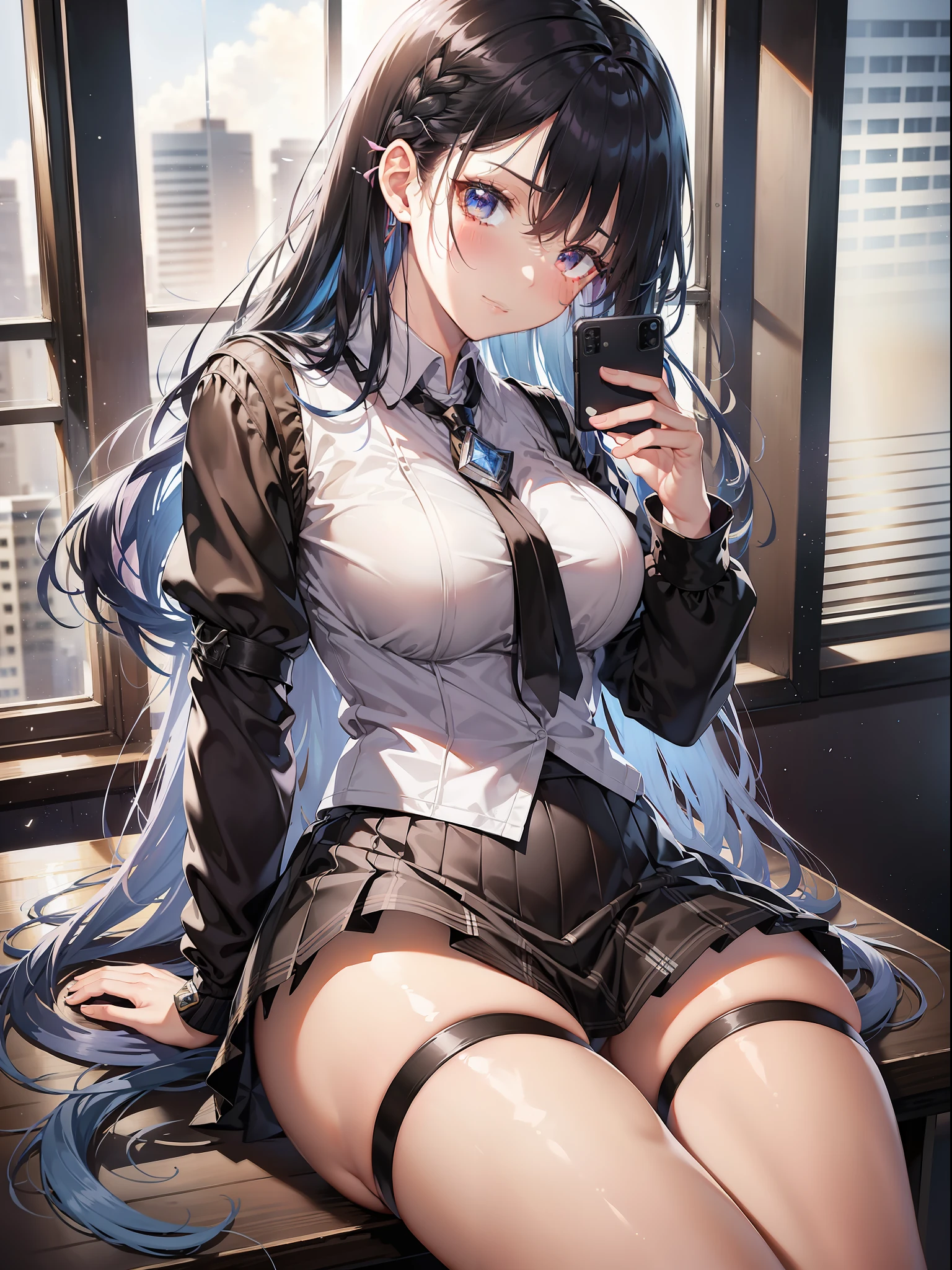 a beautiful female, selfie on the school classroom, sit on the table, wearing school uniform, besides the windows, fireflowers on the dark sky, gradient hair, black hair, silver hair, blue hair, hair behind ear, long hair, eye reflection, close-up, first-person view, symmetry, polar opposites, high detail, ray tracing, reflection light, masterpiece, best quality, anatomically correct, super detail, textured skin, UHD, highres, HD