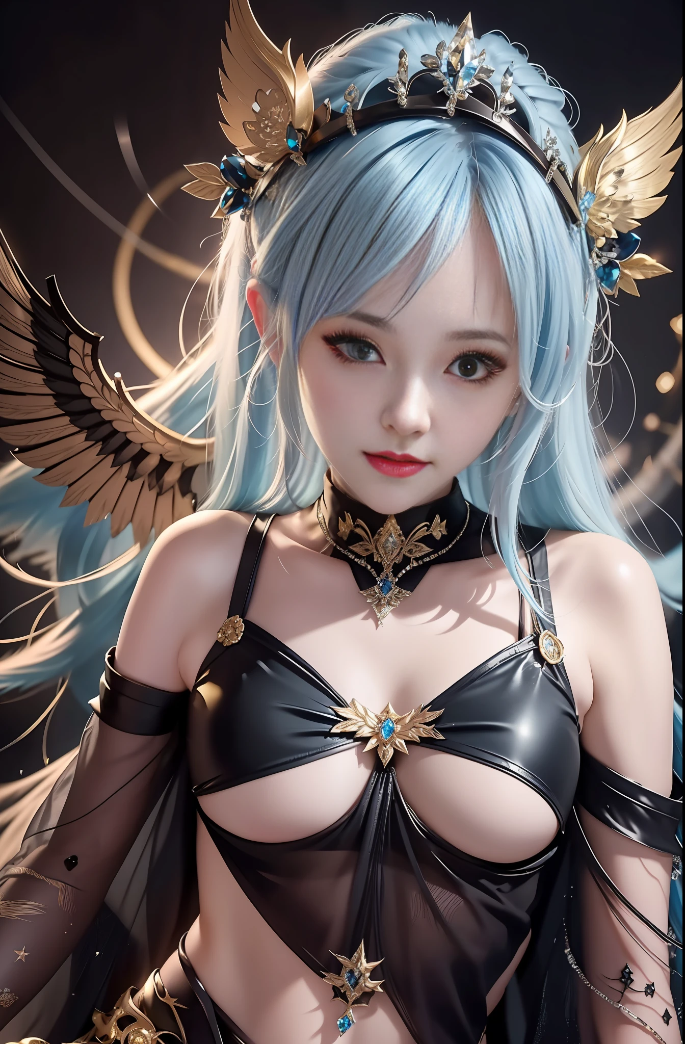 Masterpiece, top quality, blue lightning, realistic, realistic detail, high detail. Blue crystal. Black suspended particles. Black smoke. Black crystals around. Black smoke wafts around. Warping the body. Warping the body. Horn. Darkness. Ochi Yami Yugi. Laugh. Very short. Boyish. Short hair. Short hair. Blond hair. Lie down.
1 girl, beauty, , fine skin, anicos_No one,, navel, detached sleeves, bare shoulders, center opening, cleavage between breasts, middle breast, long feather hair clip, blue hair ornament, thigh height,watch viewer,isekai, ochi yami play. Temptation. Brainkill. Tattoo. Demon Tail. Gold pattern at chest. Luminescent tattoo. Luminescent tattoo. Devil's wings. Black and gold tiara. Tiara. Complex and luxurious tiara. Smile. Luminescent blades.