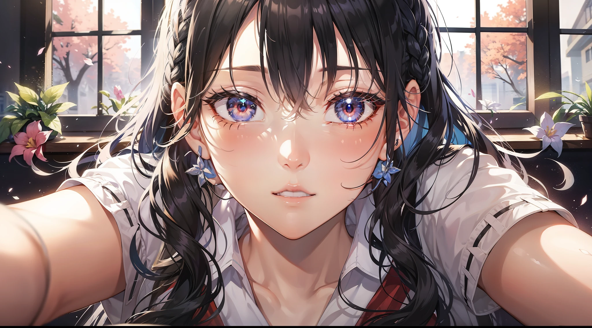 a beautiful female, selfie on the school classroom, sit on the table, wearing school uniform, besides the windows, fireflowers on the dark sky, gradient hair, black hair, silver hair, blue hair, hair behind ear, long hair, eye reflection, close-up, first-person view, symmetry, polar opposites, high detail, ray tracing, reflection light, masterpiece, best quality, anatomically correct, super detail, textured skin, UHD, highres, HD