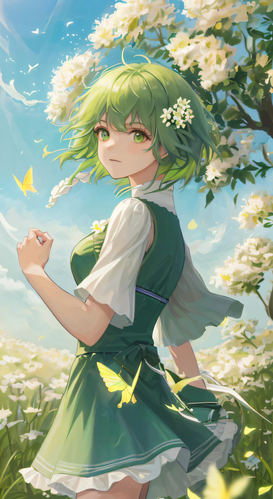 High Detail, Ultra Detail, Ultra High Resolution Short green hair girl enjoying her time in open field, surrounded by the beauty of nature, warm sun sprinkling on her, white flowers gently swaying in the breeze. Butterflies and birds flutter around her, adding to the playful atmosphere , --v6