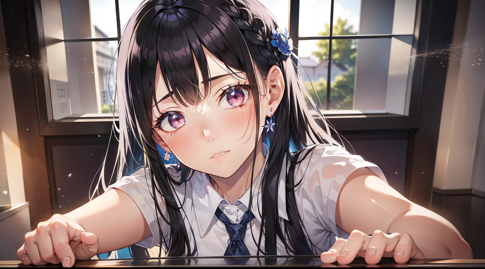 a beautiful female, selfie on the school classroom, sit on the table, wearing school uniform, besides the windows, fireflowers on the dark sky, gradient hair, black hair, silver hair, blue hair, hair behind ear, long hair, eye reflection, close-up, first-person view, symmetry, polar opposites, high detail, ray tracing, reflection light, masterpiece, best quality, anatomically correct, super detail, textured skin, UHD, highres, HD