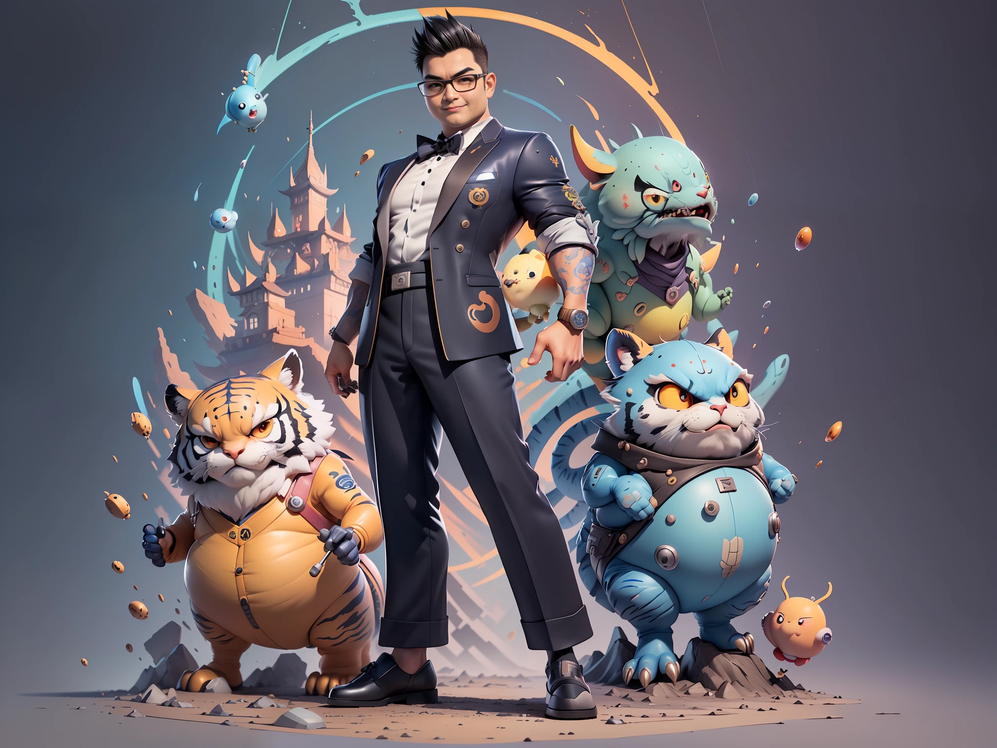 ((Masterpiece), (Extreme Quality), (Super Meticulous), (Full Body: 1.2), Super Young Man, Oriental Face, Japanese Wind and Thunder, Dragon, Tiger, TV Anchor, Bust Portrait Illustration, Alone, Black Formal Suit, Blue Tie, Slightly Chubby Face, Silver Glasses Face Very Clean No Beard, Black Super Short Hair, Black Eyes, Confident Smile, 3c Computer Sub-Products, iPad, iPhone, Digital Painting, 3D Character Design by Akira Toriyama and Mark Claireden and Pixar and Hayao Miyazaki, The illustration is a high-definition illustration in 4K resolution with very detailed facial features and cartoon-style visuals.