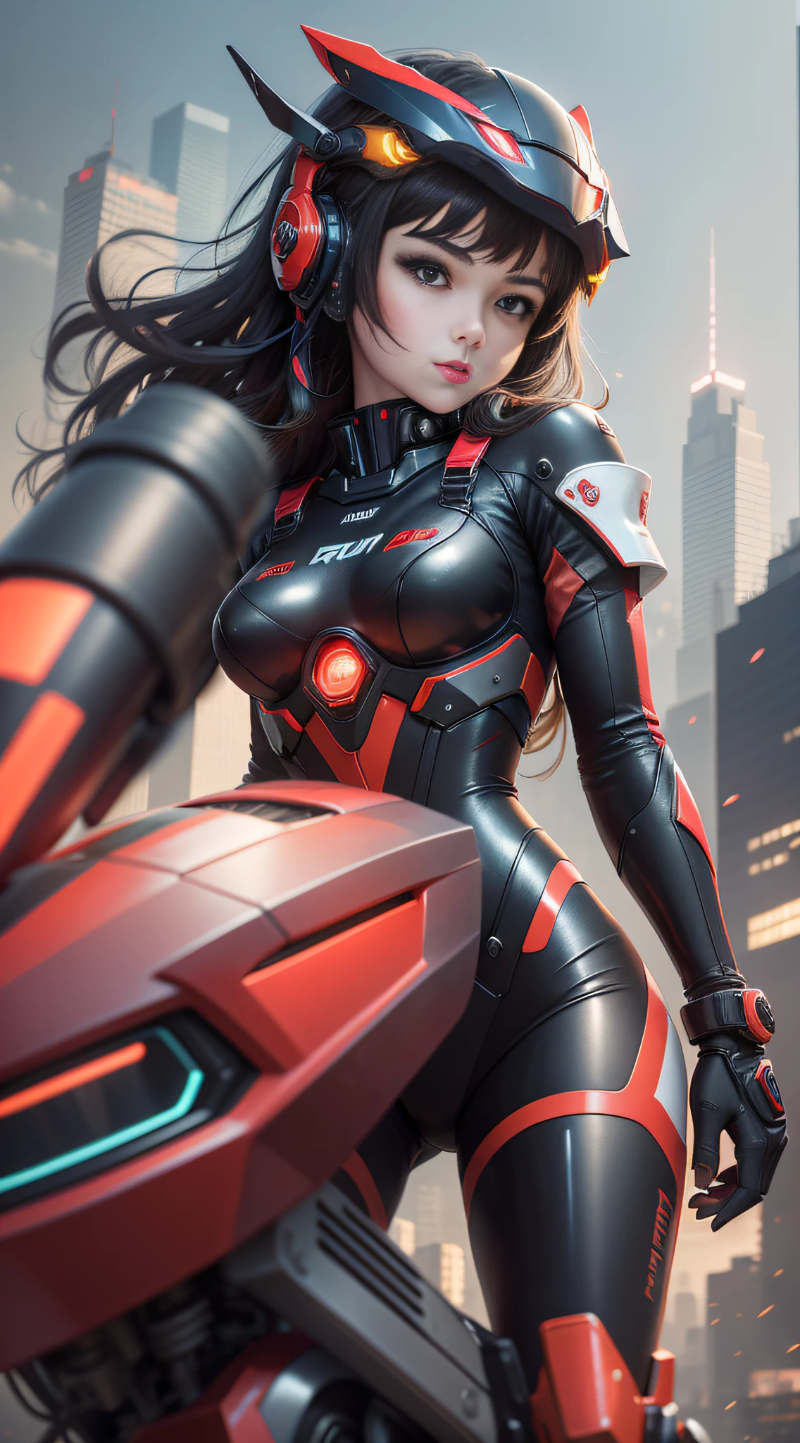 Highest image quality, outstanding detail, ultra-high resolution, (fidelity: 1.4), best illustration, favor details, highly condensed 1girl, with a delicate and beautiful face, dressed in black and red mecha, wearing a mecha helmet, holding a direction controller, riding on a motorcycle, the background is a high-tech lighting scene of the future city.