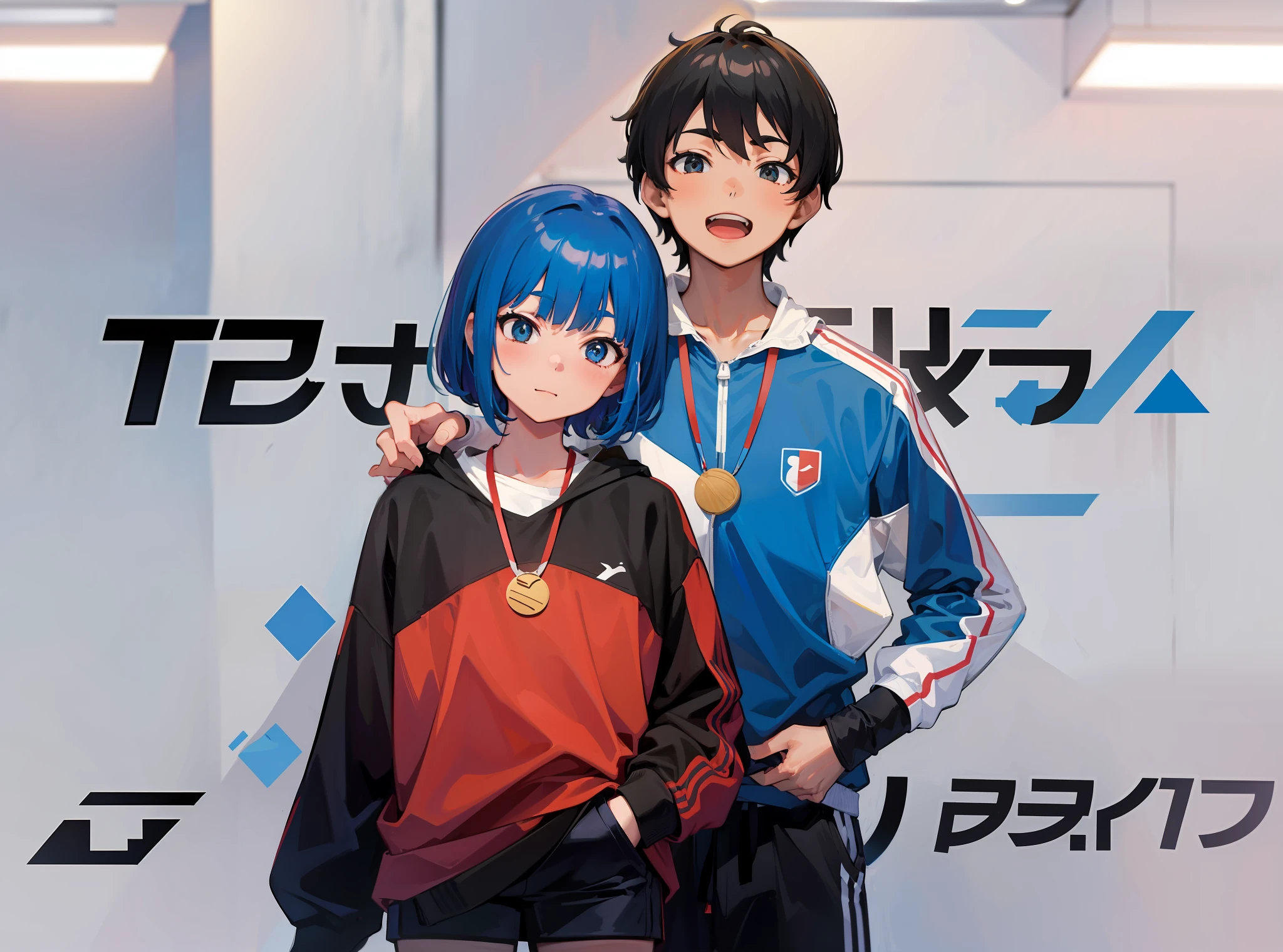 Athlete, table tennis, two people holding table tennis championship trophy together, short hair, a man and a woman, a ping pong racket in his hand, a medal around his neck, happy, happy, on the podium, masterpiece, the best quality (SFW), happy, happy, perfect quality, clear focus, colorful, clear face, intricate details, wearing sneakers, ultra-low viewing angle, wide angle lens