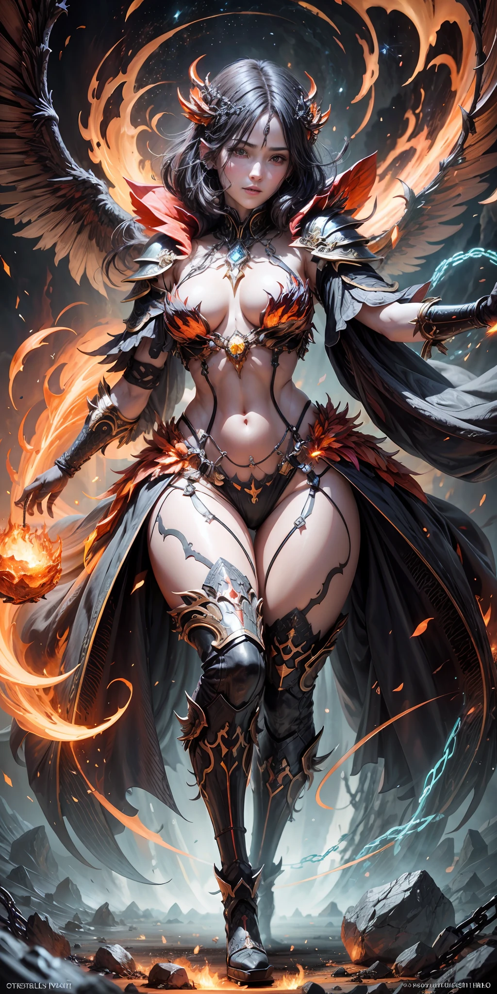 full body photo of a anime scene of a demonic sorceress conjuring fire, various burning chains around her, seductive body,tall body, mature body, BREAK burning aura, fire balls, orange and yellow spark dazzling around, small phoenix flying in the background, lava on the ground, magma, sexy body BREAK,Detailed,Realistic,4k highly detailed digital art,octane render, bioluminescent, BREAK 8K resolution concept art, realism,by Mappa studios,masterpiece,best quality,official art,illustration,ligne claire,(cool_color),perfect composition,absurdres, fantasy,focused,rule of thirds,(((detailed perfect face)))