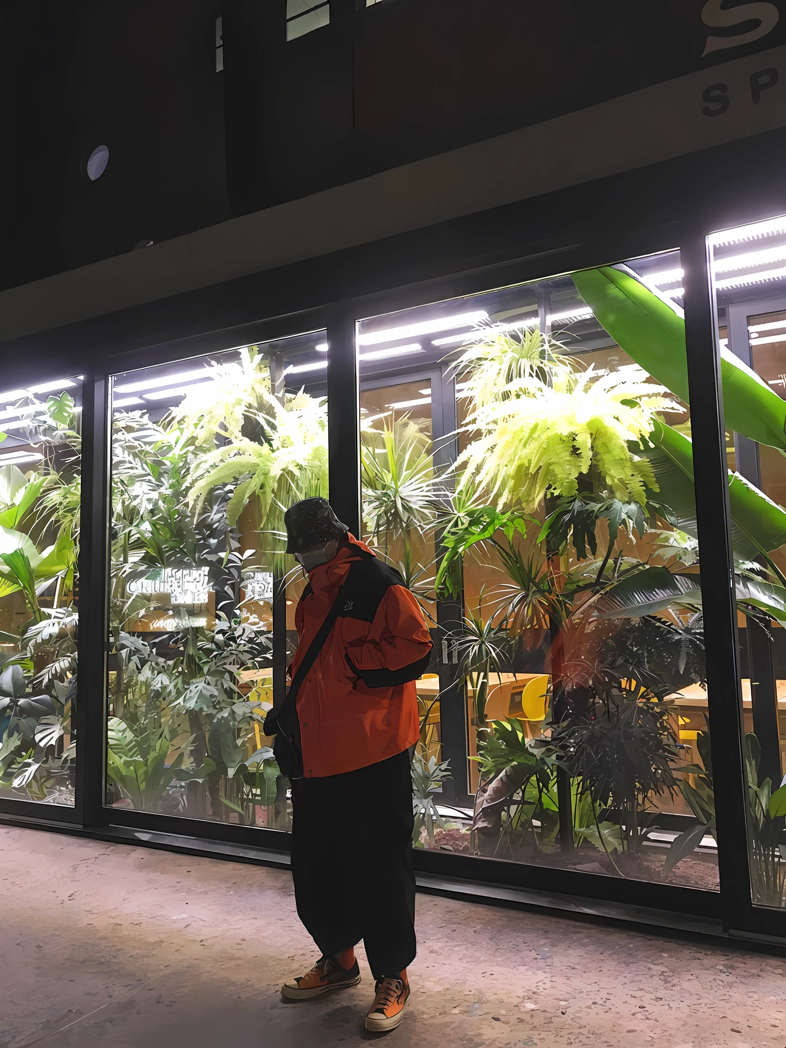 araffe standing in front of a window with plants in the background, theophanic atmospheric vivarium, glowing plants, large windows to forest at night, next to some alien plants, large plants in the background, luminescent plants, in a liminal underground garden, city lights made of lush trees, bioluminescent plants