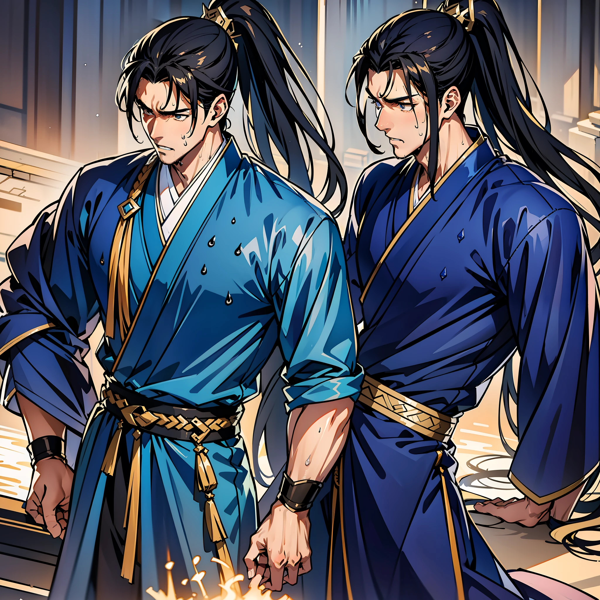 Two-dimensional, anime style, men, muscles, correct proportions, face details, young men, martial arts, high ponytail hairstyle, sweating, sweaty face, drooling, neck details, with Adam's apple, wet, wet, Hanfu costume, long robe, embroidered robe, dragon robe, clothing details, collar, long sleeves, male warrior, game quality, swordsman demeanor, light and shadow tracing, ray tracing, detail glow, CG rendering, hair details, long black hair, golden eyes, sweaty face, man, handsome, handsome, sweat beads slipping down the neck, teenager, Clothing complex, wet, wet, perfect composition, refinement, high quality, more details, a lot of details, complex background, atmosphere,