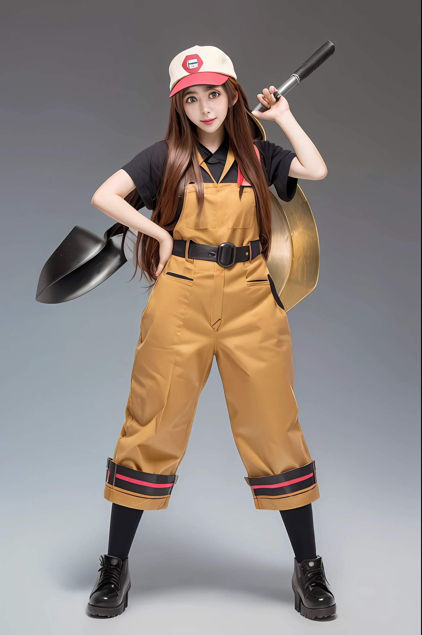 anime character with a large shovel and a hat, female protagonist 👀 :8, full_body!!, full body!, full body!!, anime full body illustration, kurisu makise steins gate anime, full body illustration, !!full body portrait!!, full body character, yandere. tall, marin kitagawa fanart, fullbody portrait, full body concept
