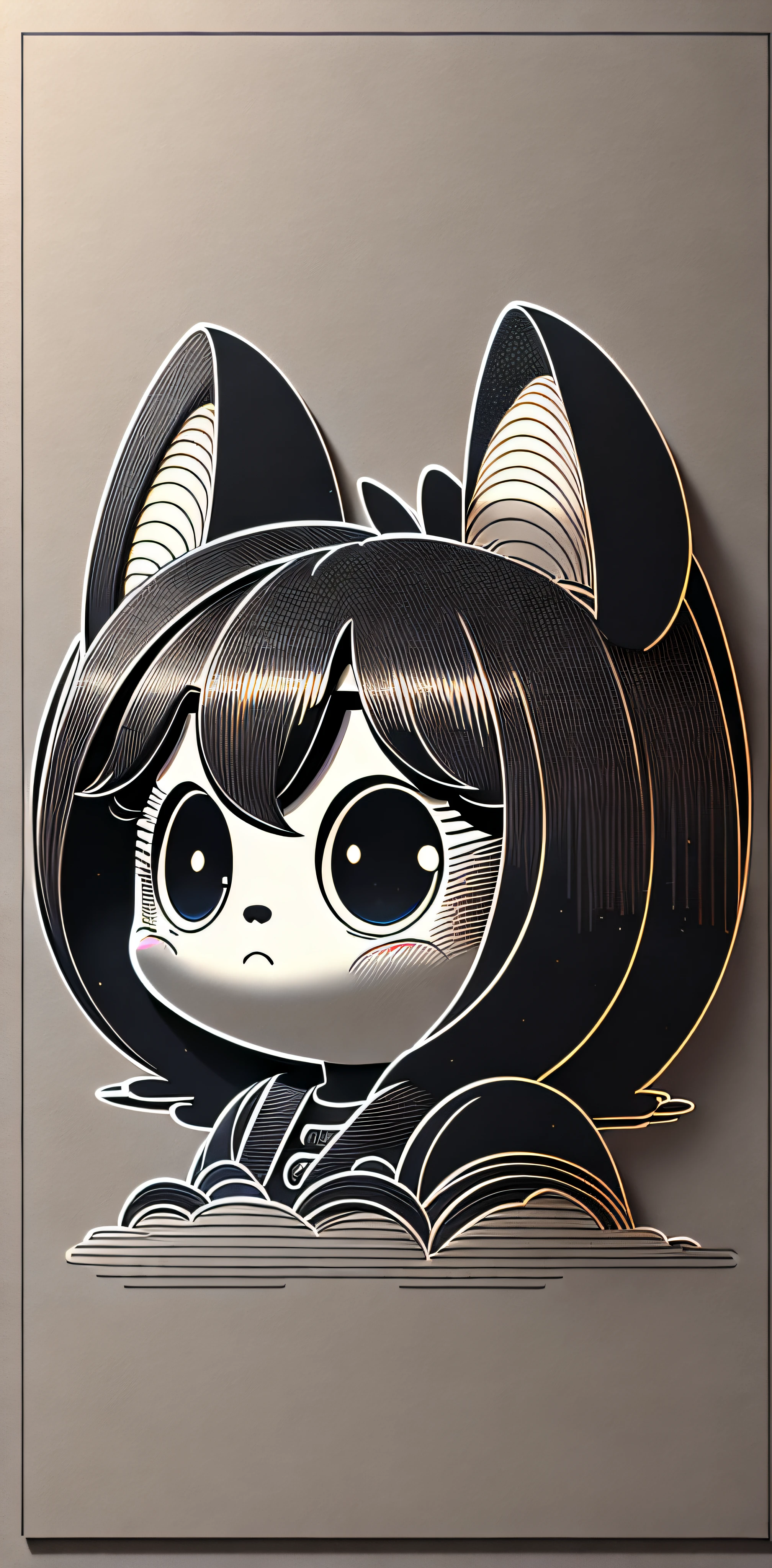 Cloud black, cute, big eyes, masterpiece, full moon, black background, detailed drawing, vectorization, silhouette, isometric style, 8k, silhouette, pure contour line