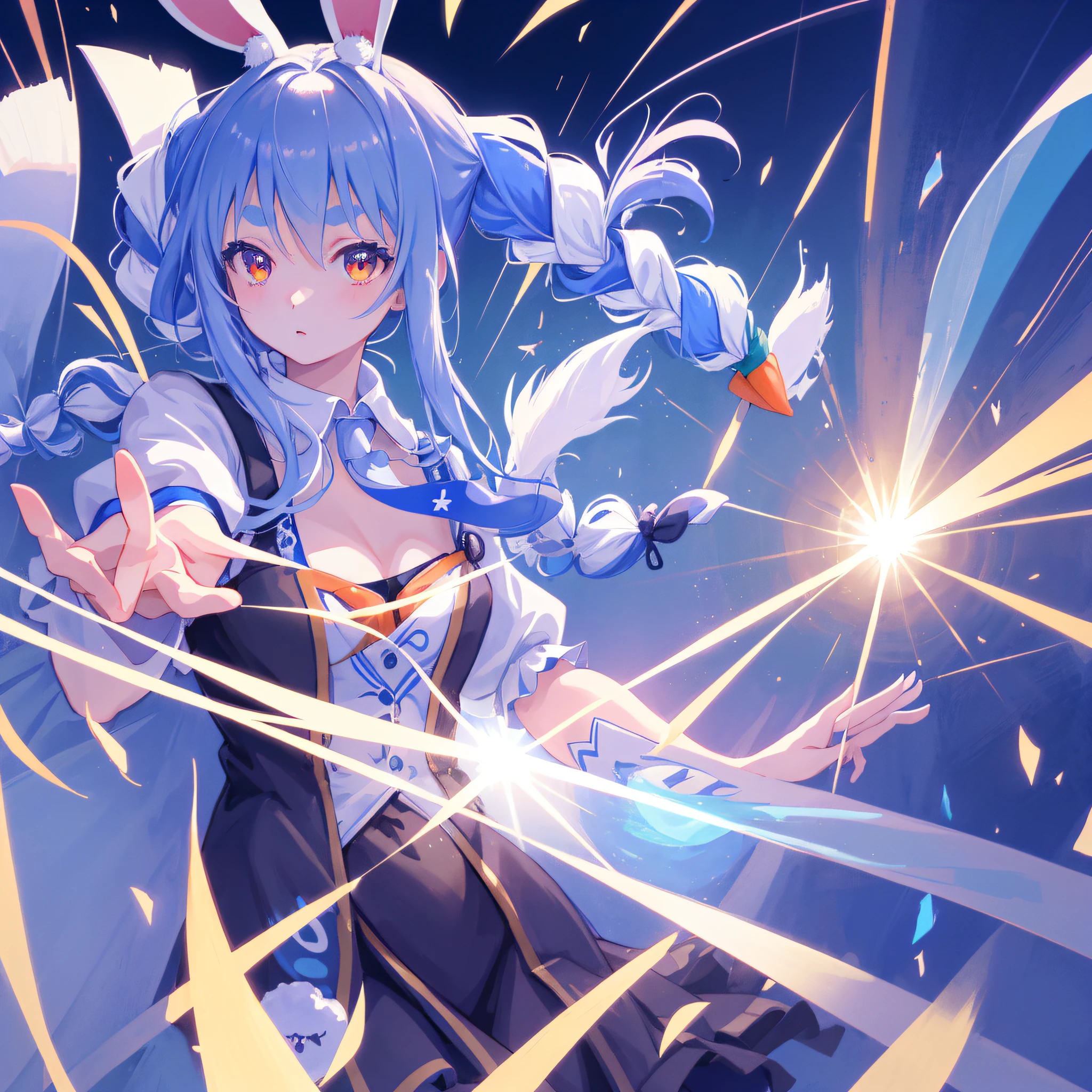 (人物: Usada Pekora), bunny girl, blue hair, twin braids, a girl, solo, {{masterpiece}}, best quality, extremely detailed CG unity 8k wallpaper, cinematic lighting, lens flare, beautiful detail eyes, side glance, colorful light, particles,