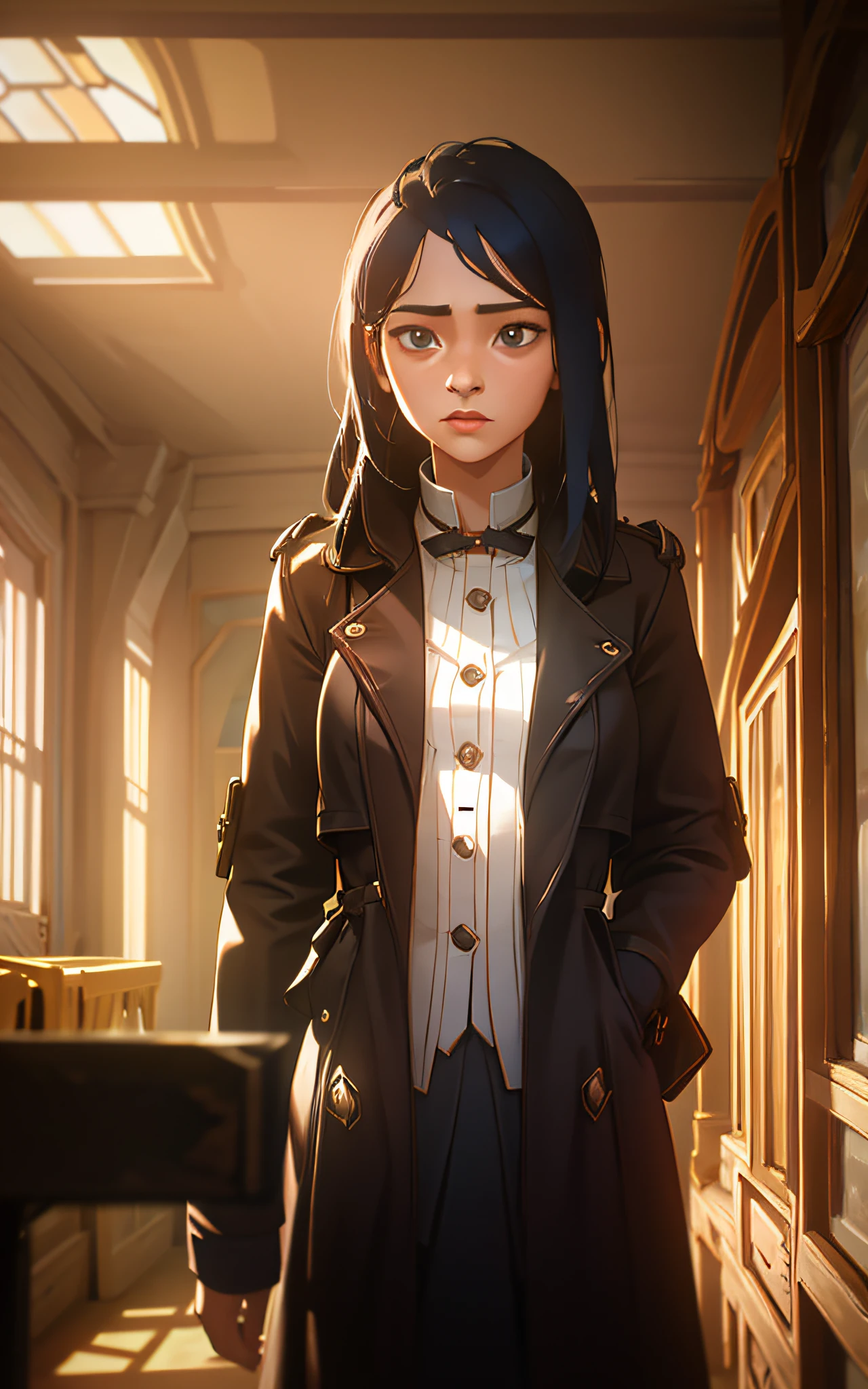 A girl, indoors, wearing a trench coat, facing the audience, sunlight penetrating the room, full of atmosphere