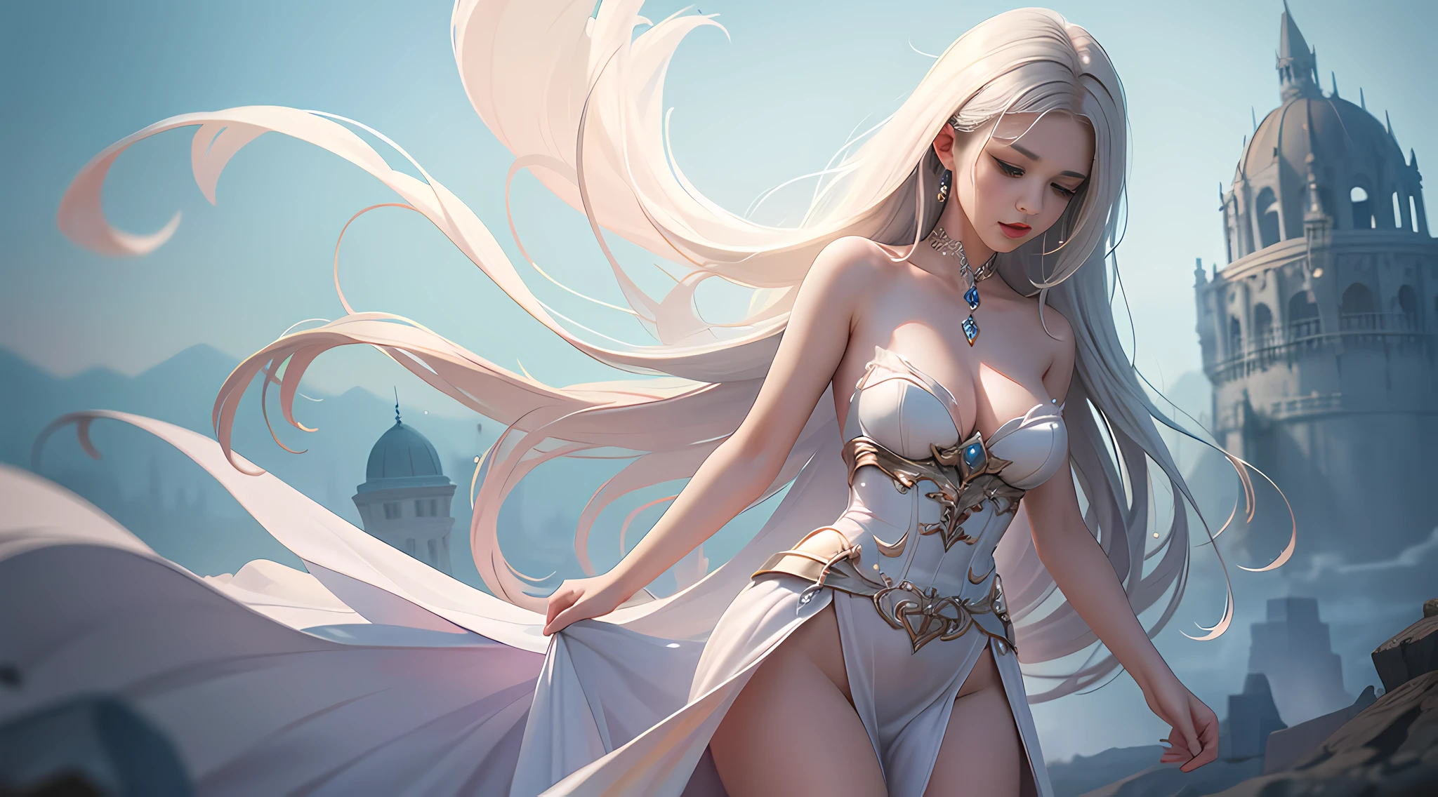 A woman in a white dress in smoke, fantasy art style, digital art fantasy, digital art fantasy art, fantasy woman, ethereal fantasy, moody misty fantasy art, digital 2d fantasy art, guweiz, digital fantasy art), trending digital fantasy art, fantasy digital art, anime fantasy illustration, art cover, beautiful fantasy art, beautiful character painting, pose, realism, perfect figure.