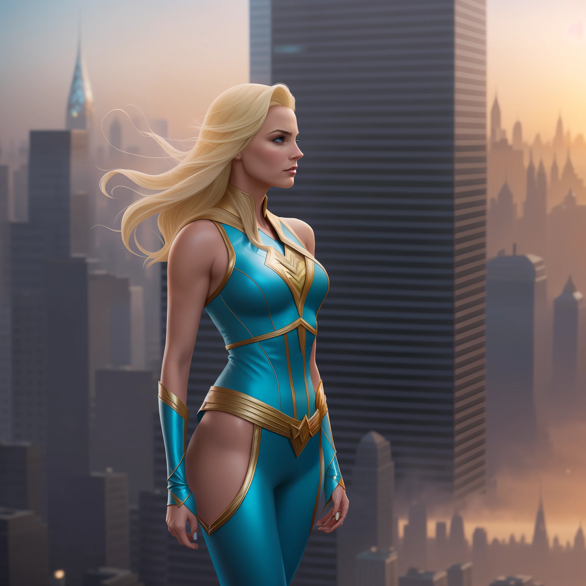 blond woman in a blue outfit standing on a ledge overlooking a city, stylized urban fantasy artwork, emma frost, portrait of emma frost, margot robbie as wonder woman, emma watson as black canary, cory chase as an atlantean, stunning character art, stunning digital illustration, epic exquisite character art, beautiful digital artwork, epic digital art illustration, black canary