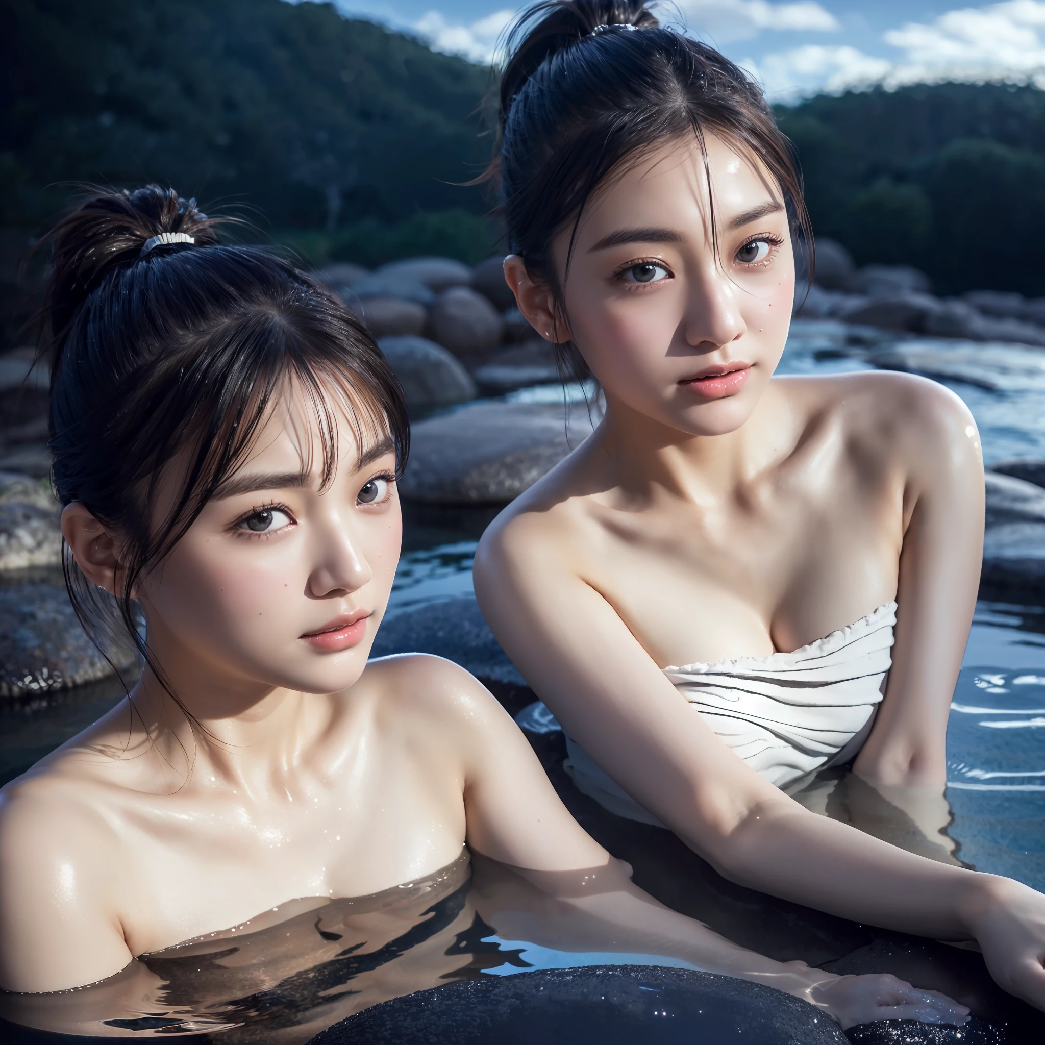 Top quality, delicate details, highly detailed eyes and face, ((night))), (open-air rock bath), (((white cloudy water)), beautiful girl, sweat, ponytail, upbeat cheeks, no makeup, upper eyes, strapless, lighting on figure, (((((background dark)))))