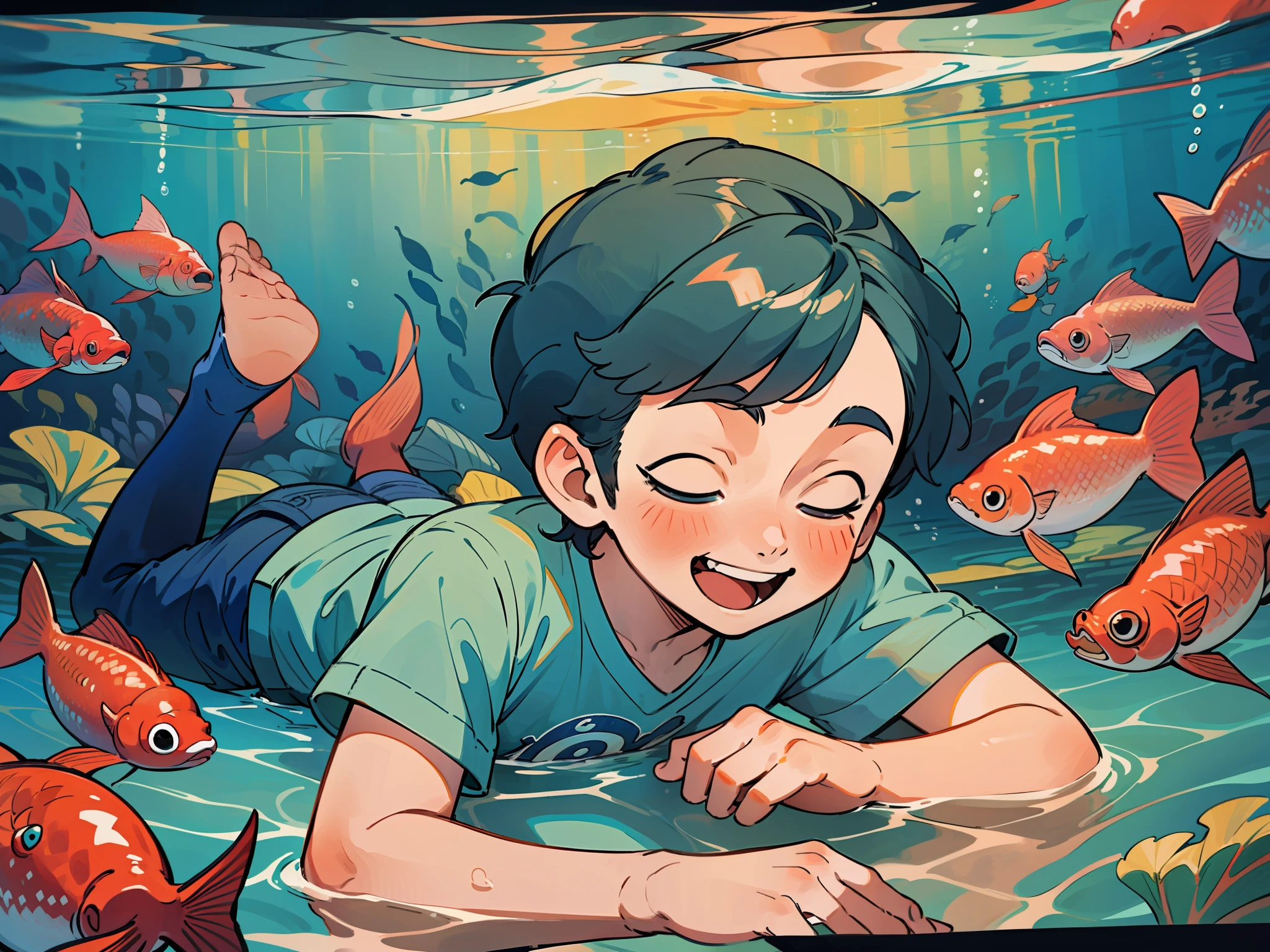 At the bottom of the sea, handsome boy lying on his stomach, wearing short-sleeved shorts, close-up of upper body and face, littleaughing happily, wonderful underwater nature, picture book style, aesthetic, HD, fish floating