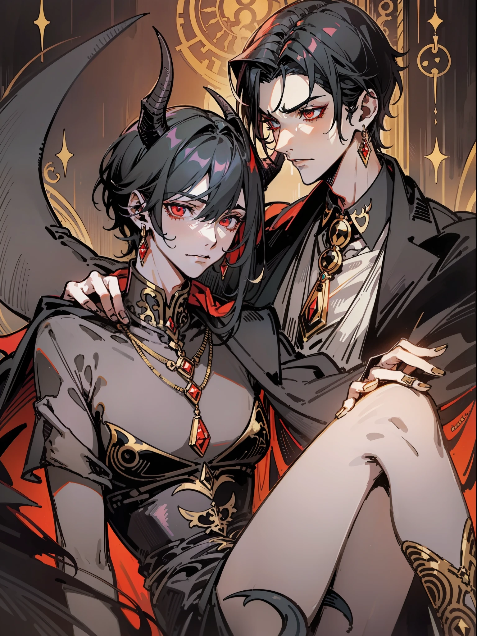 Tarot cards, two male protagonists, on the left is a handsome vampire lord with black hair! Delicate facial features, tall and slender body, bookish, very aggressive, very elegant and elegant!! On the right is a hermaphroditic male succubus, male male!! Demon horns, peach heart tail, short black hair, caramel pupils, delicate eyes, slender figure, pure and colorful, beautiful as a fairy, very charming, wearing a black cape, wearing large pendant earrings, white, long and thin legs