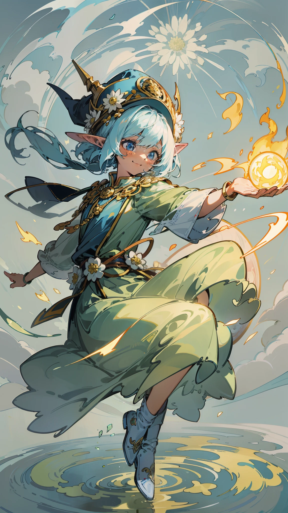 (Left hand levitating flame), (right hand levitating ice pick), riding the wind under his feet, (character soaring into the air: 1.331), with a blue wizard hat, wearing a golden wizard long skirt, wizard long skirt with a lot of silver decorations, (white chrysanthemum: 1.2), magic array under the feet, ripples, spinning, (slime elf: 1.331), wind, outdoors, strong sunlight, (background is broken mirror: 1.4), flame rotation on the mirror, first-person view, double eyelids, convex nose bridge, Small mouth, laughter, comics, ray tracing, detail, 4K, HD, high quality