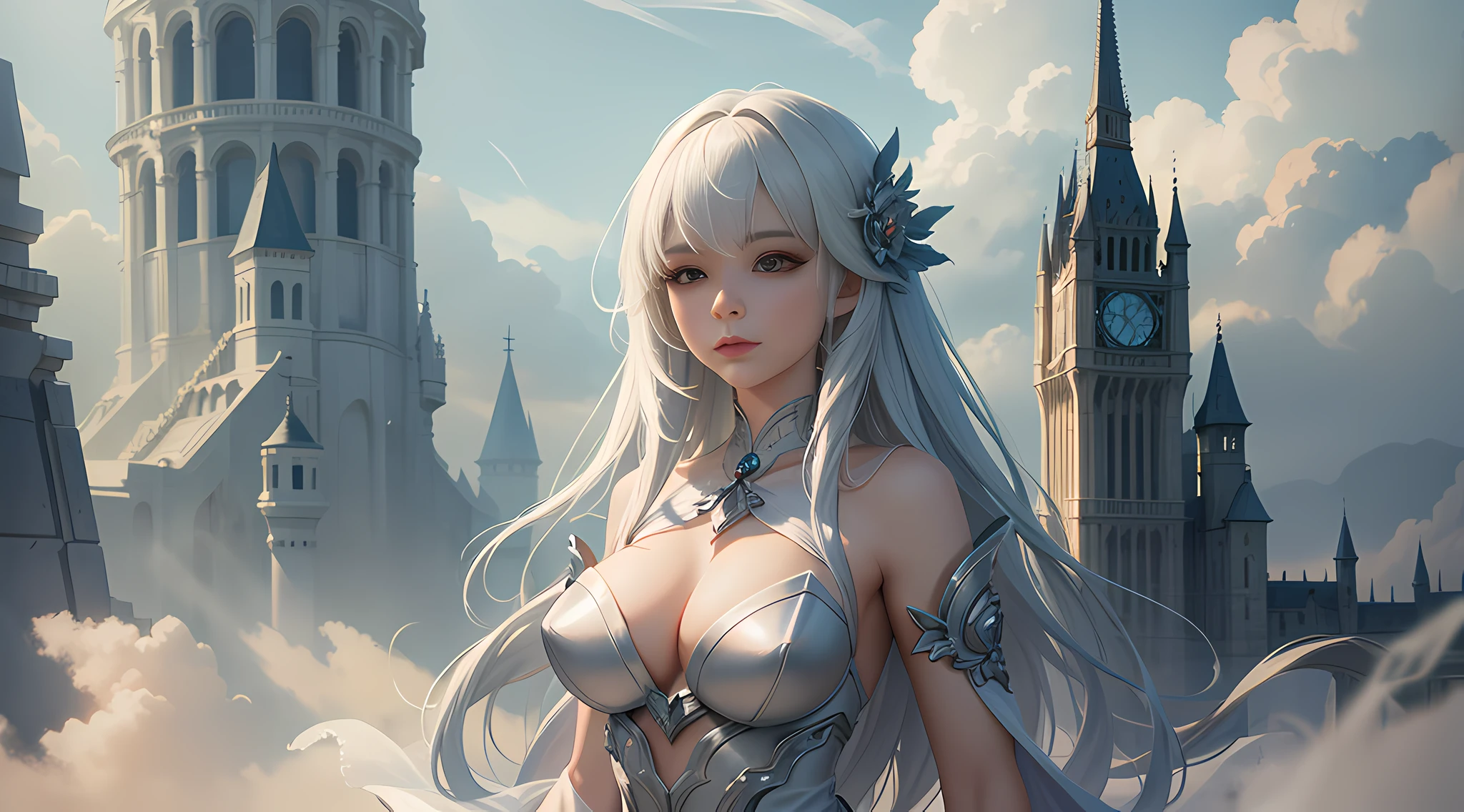 A woman in a white dress in smoke, fantasy art style, digital art fantasy, digital art fantasy art, fantasy woman, ethereal fantasy, moody misty fantasy art, digital 2d fantasy art, guweiz, digital fantasy art), trending digital fantasy art, fantasy digital art, anime fantasy illustration, art cover, beautiful fantasy art, beautiful character painting, pose, realism, perfect figure.