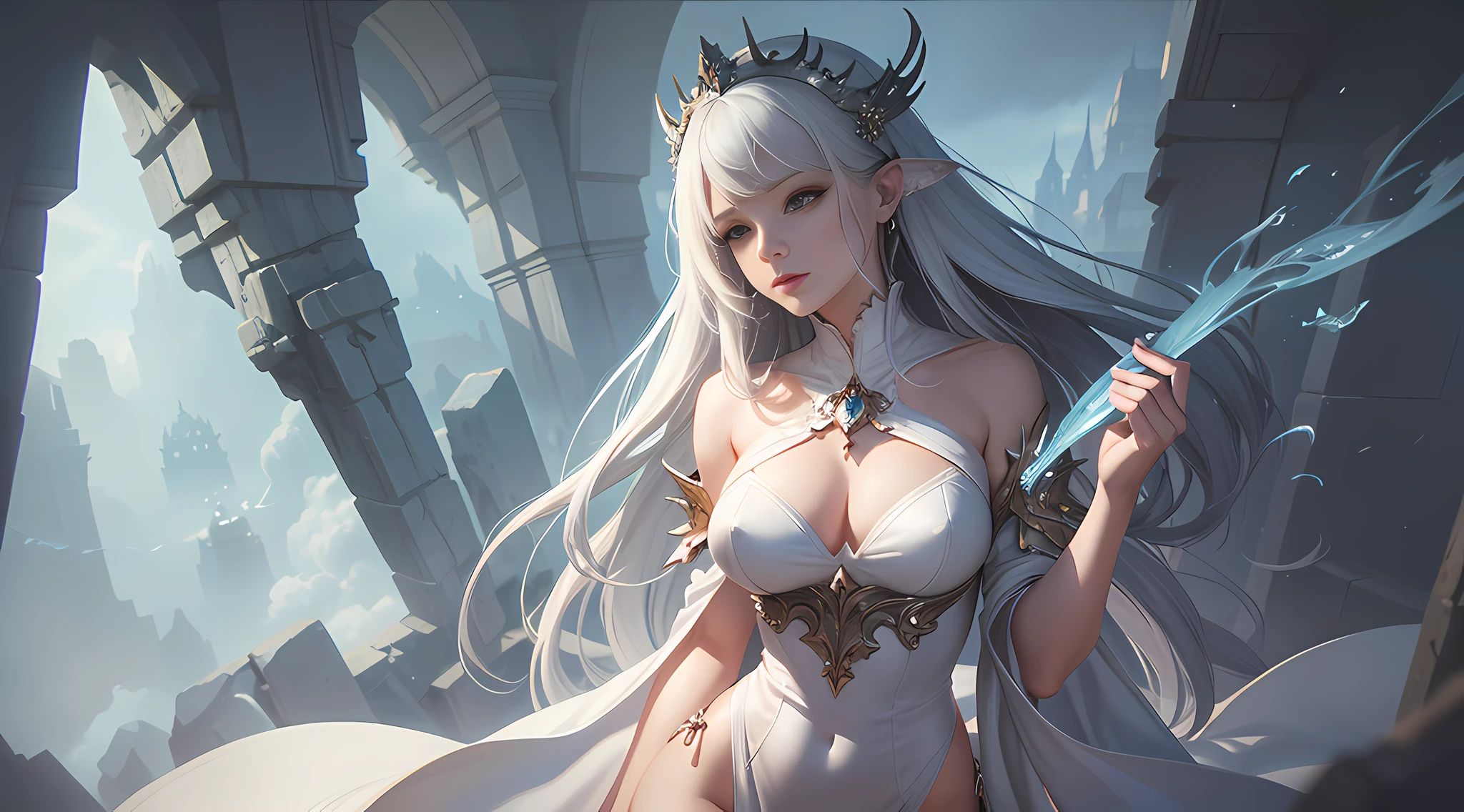 A woman in a white dress in smoke, fantasy art style, digital art fantasy, digital art fantasy art, fantasy woman, ethereal fantasy, moody misty fantasy art, digital 2d fantasy art, guweiz, digital fantasy art), trending digital fantasy art, fantasy digital art, anime fantasy illustration, art cover, beautiful fantasy art, beautiful character painting, pose, realism, perfect figure.