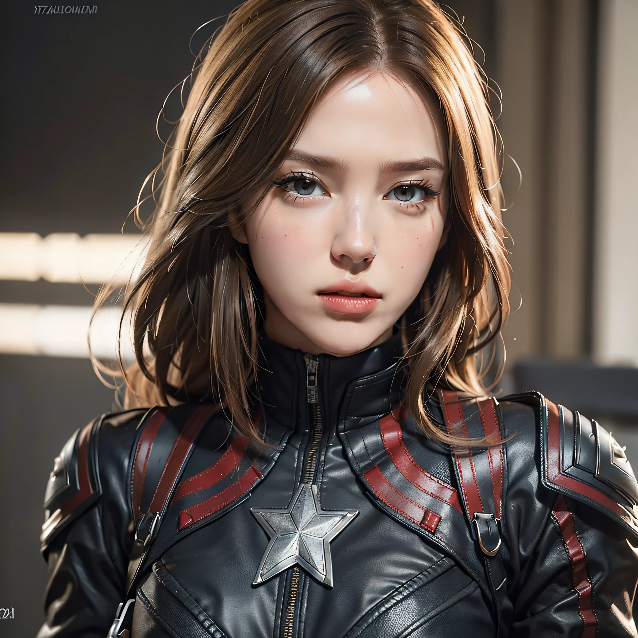 (Masterpiece), (Best Quality), (Photorealistic: 1.3), 8K, Detailed Skin Texture, Detailed Cloth Texture, Beautiful Detailed Face, Intricate Detail, Super Detailed, Captain America Style Black Widow, Straight Blonde (Full Body: 1.2)