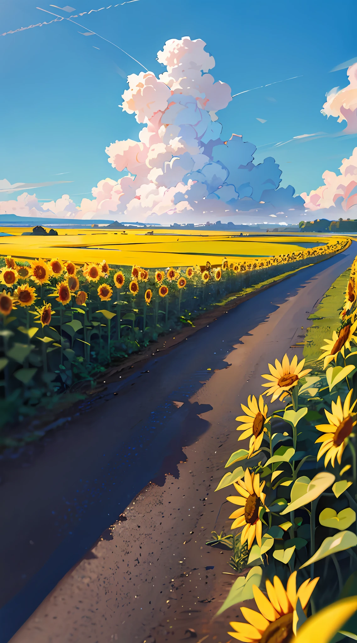 no humans, scenery, vanishing point, bottom, masterpiece, best quality, 8k, absurdres, surface of a sunflower field, summer, noon, sunlight, blue sky, perspective, depth of field, highres, fine details, ultra-detailed, sharp focus