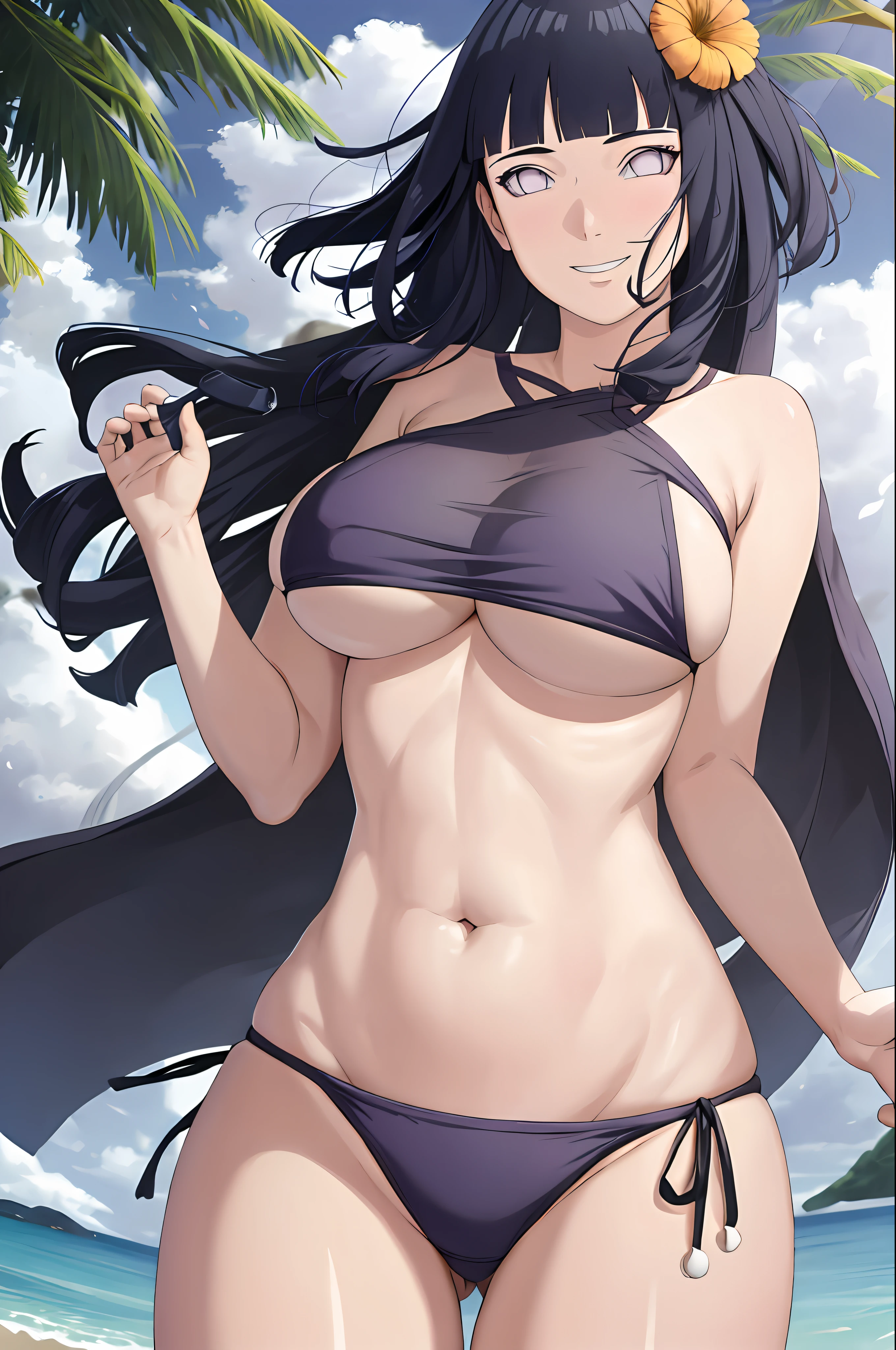 Masterpiece, absurdity , (intricate details), (colorful), cinematic lighting, extremely detailed CG Unity 8k wallpaper , Hinata, 1 girl, solo, sexy swimsuit, busty, slightly chubby, mature woman, big tits, wife, from behind, cowboy shot, looking at the audience, smiling, beach, flower field, flower, day, cloudy sky, wind, floating hair, falling petals