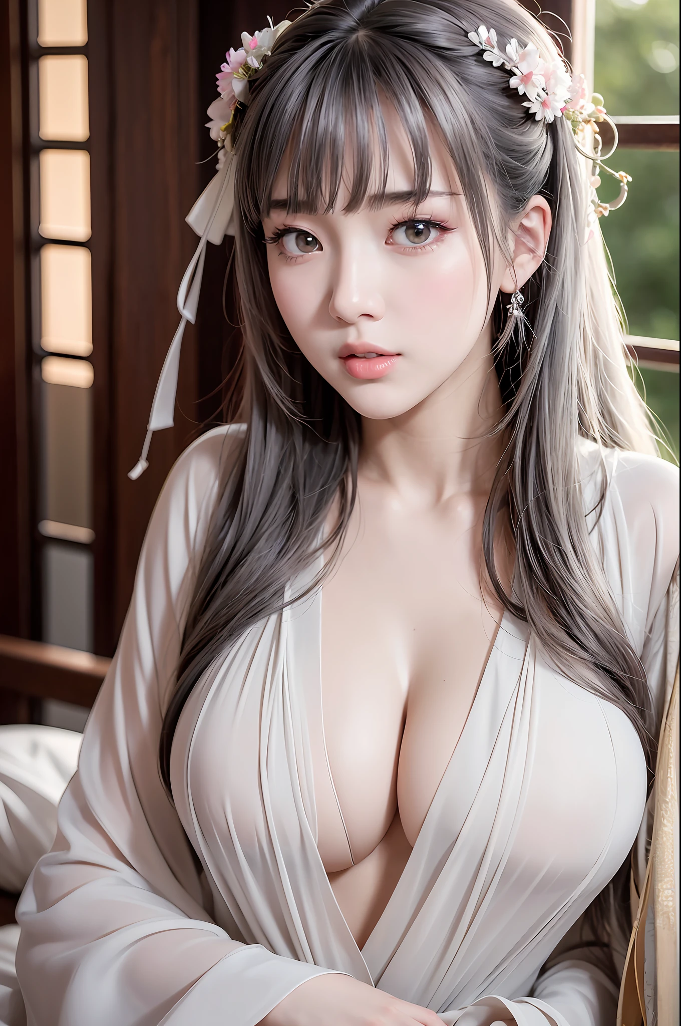 ulzzang-6500-v1.1,(raw photo:1.2),((photorealistic:1.4))best quality,masterpiece, illustration, an extremely decision and beautiful, extremely detailed,CG,unity,8k wallpaper, Amazing, finely detail, masterpiece, best quality, official art, very detailed CG unified 8k wallpaper, ridiculous, incredibly ridiculous, huge file size, super detailed, high resolution, very detailed, beautiful detailed girl, very detailed eyes and face, beautiful detailed eyes, light on face, movie lighting, ((gorgeous sexy hanfu)), 1girl, full body, full body photo, see-through, looking at the audience, ((gray hair)), huge breasts, Lie in bed
