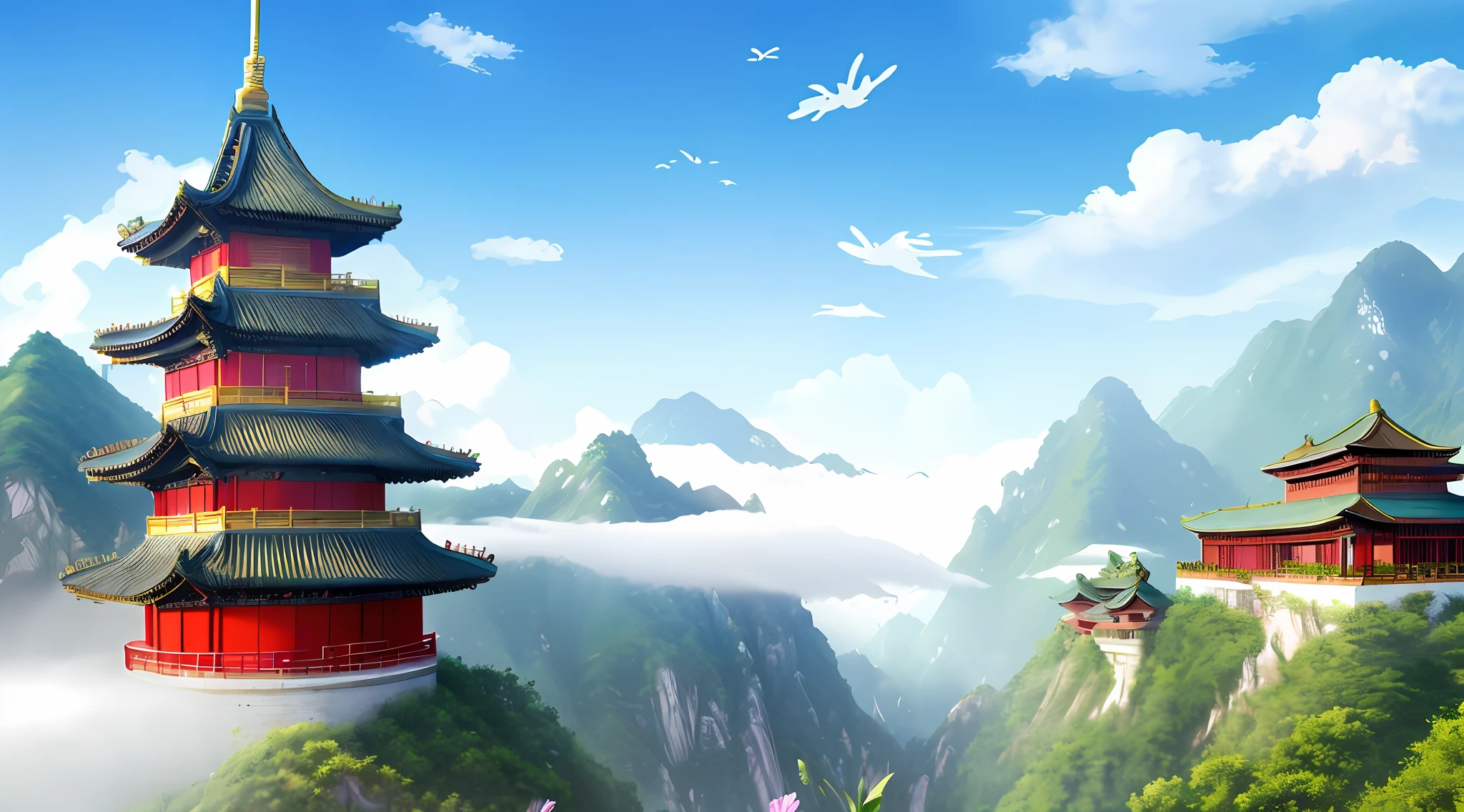 Mountains, Chinese ancient buildings, Chinese palaces, castles in the sky, clouds, fairy air fluttering, void fog, falling flowers, flowers and trees, colorful, fairy online games, sky, plants, sunlight, water, heavenly court
