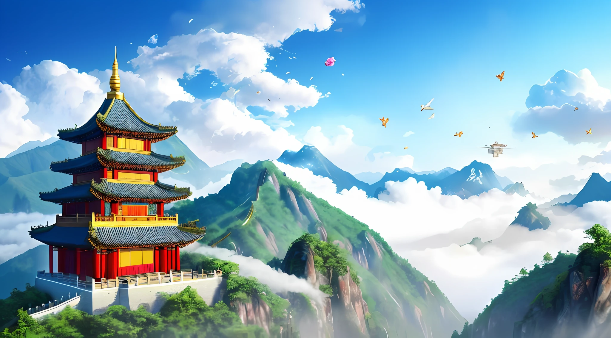 Mountains, Chinese ancient buildings, Chinese palaces, castles in the sky, clouds, fairy air fluttering, void fog, falling flowers, flowers and trees, colorful, fairy online games, sky, plants, sunlight, water, heavenly court