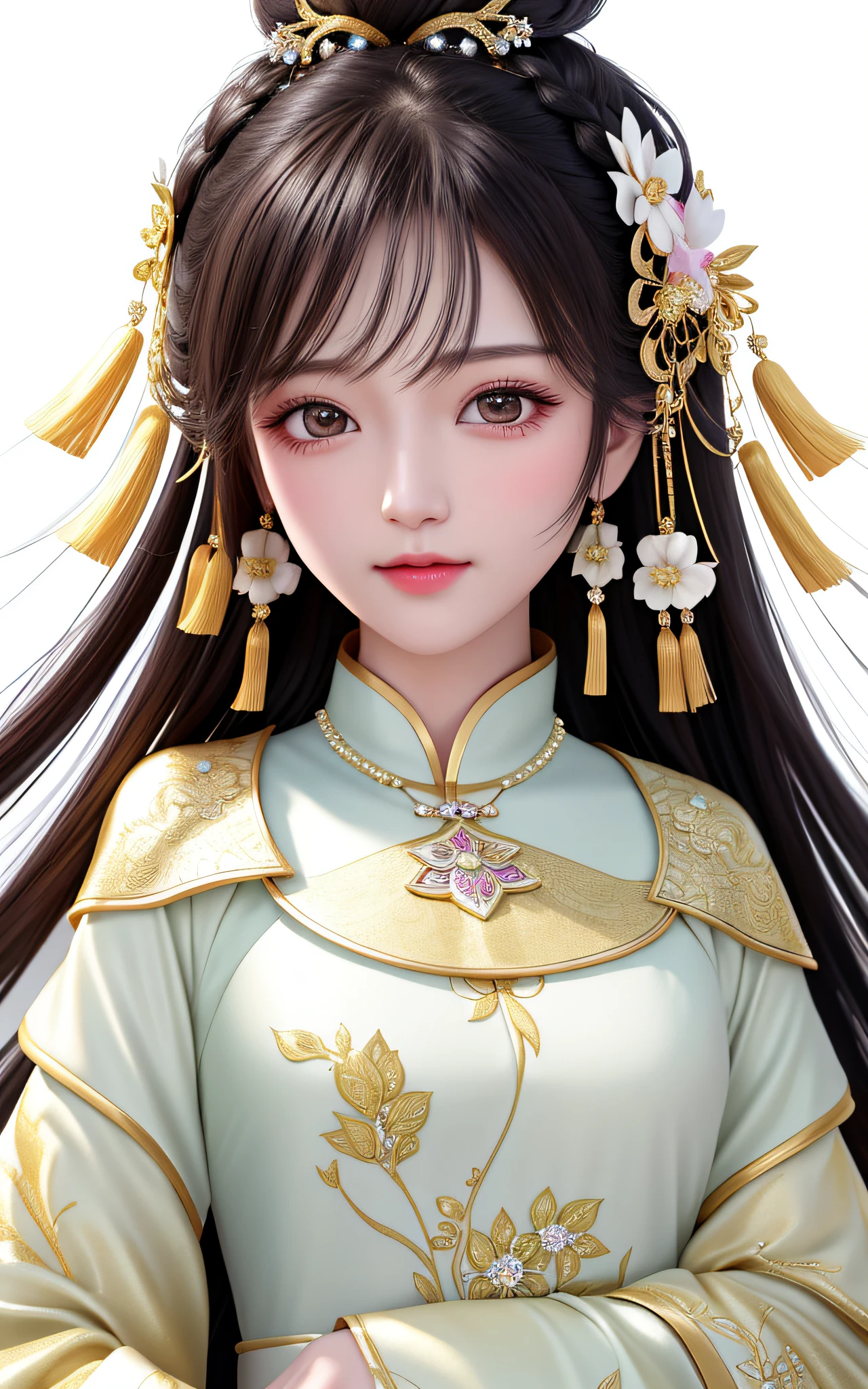 best quality, masterpiece, high resolution, 1girl, chinese wedding dress, hair accessories, necklaces, jewelry, beautiful face, upon_body, tyndall effect, realistic, dark studio, edge lighting, two-tone lighting, (high detail skin: 1.2), 8k UHD, DSLR camera, soft lighting, high quality, volumetric lighting, frankness, photo, high resolution, 4k, 8k, bokeh, a Chinese costume beauty in a snow-white dress, black hair and black eyes, straight facial features, white and tender skin, His expression was gentle, and he looked into the distance. Her hair was coiled in a bun, her head was decorated with elaborate hair ornaments, and her sides were tied with taupe gold silk hairbands that hung down and had bead tassels at the ends. The whole standing painting presents a 2.5-dimensional style, with smooth lines, clear contours, and full shapes, showing the grace and nobility of this ancient beauty. Plain white background or no background
