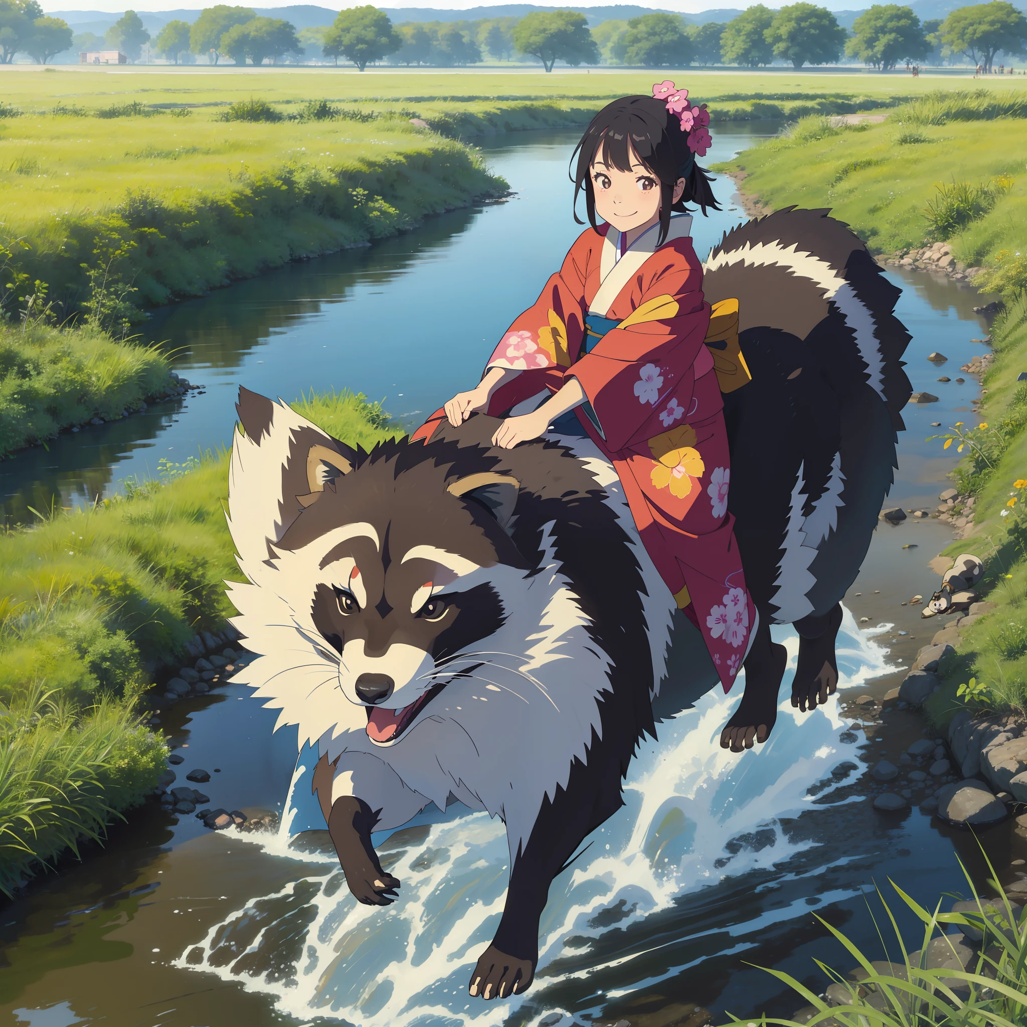 A happy looking girl in a kimono riding a big raccoon and running through the grassland. Jump over the creek