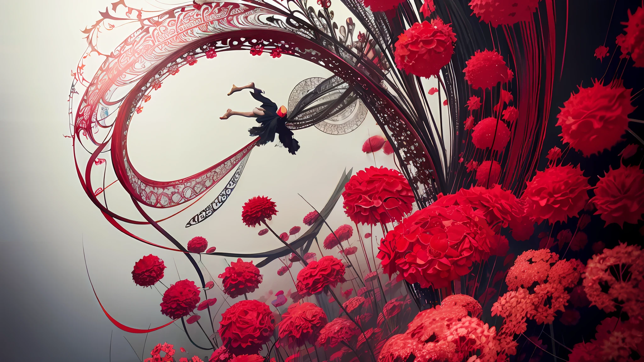 official art, unity 8k wallpaper, ultra detailed, beautiful and aesthetic, masterpiece, best quality, (zentangle, mandala, tangle, entangle), (fractal art:1.3) , 1girl, red flowers, extremely detailed, dynamic angle, cowboyshot, the most beautiful form of chaos, elegant, a brutalist designed, vivid colours, romanticism, by james jean, roby dwi antono, ross tran, francis bacon, michal mraz, adrian ghenie, petra cortright, gerhard richter, takato yamamoto, ashley wood, atmospheric
